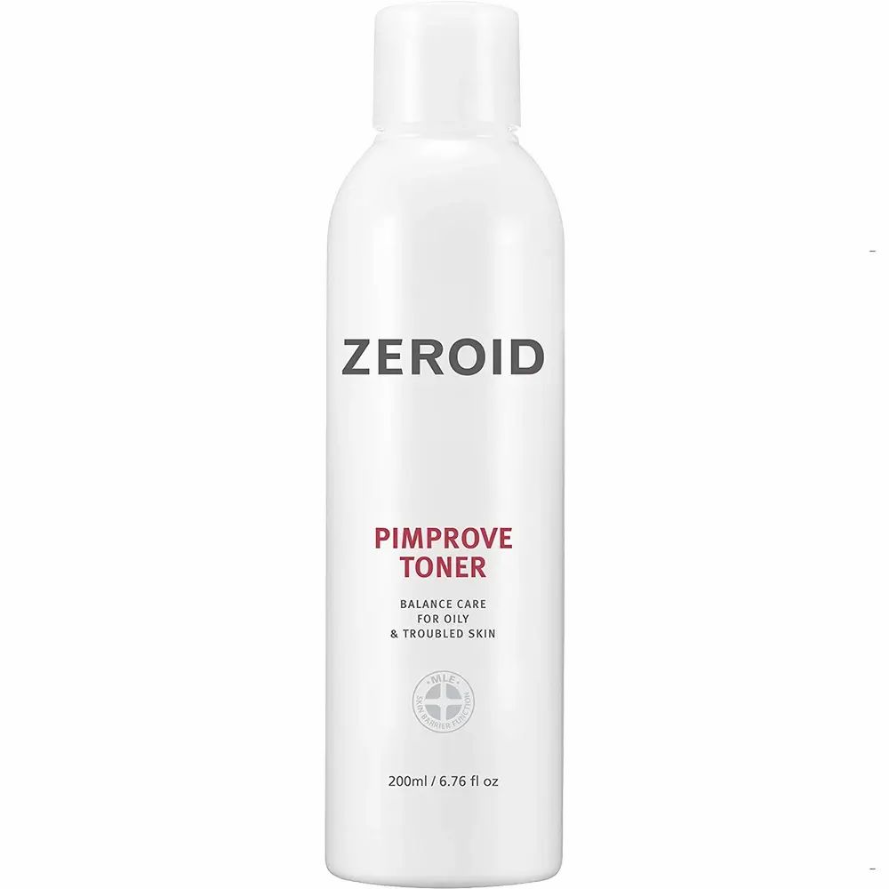 Flacon blanc ZEROID Pimprove Toner. Texte: Balance Care pour peaux grasses et à problèmes. 200ml/6.76 fl oz.