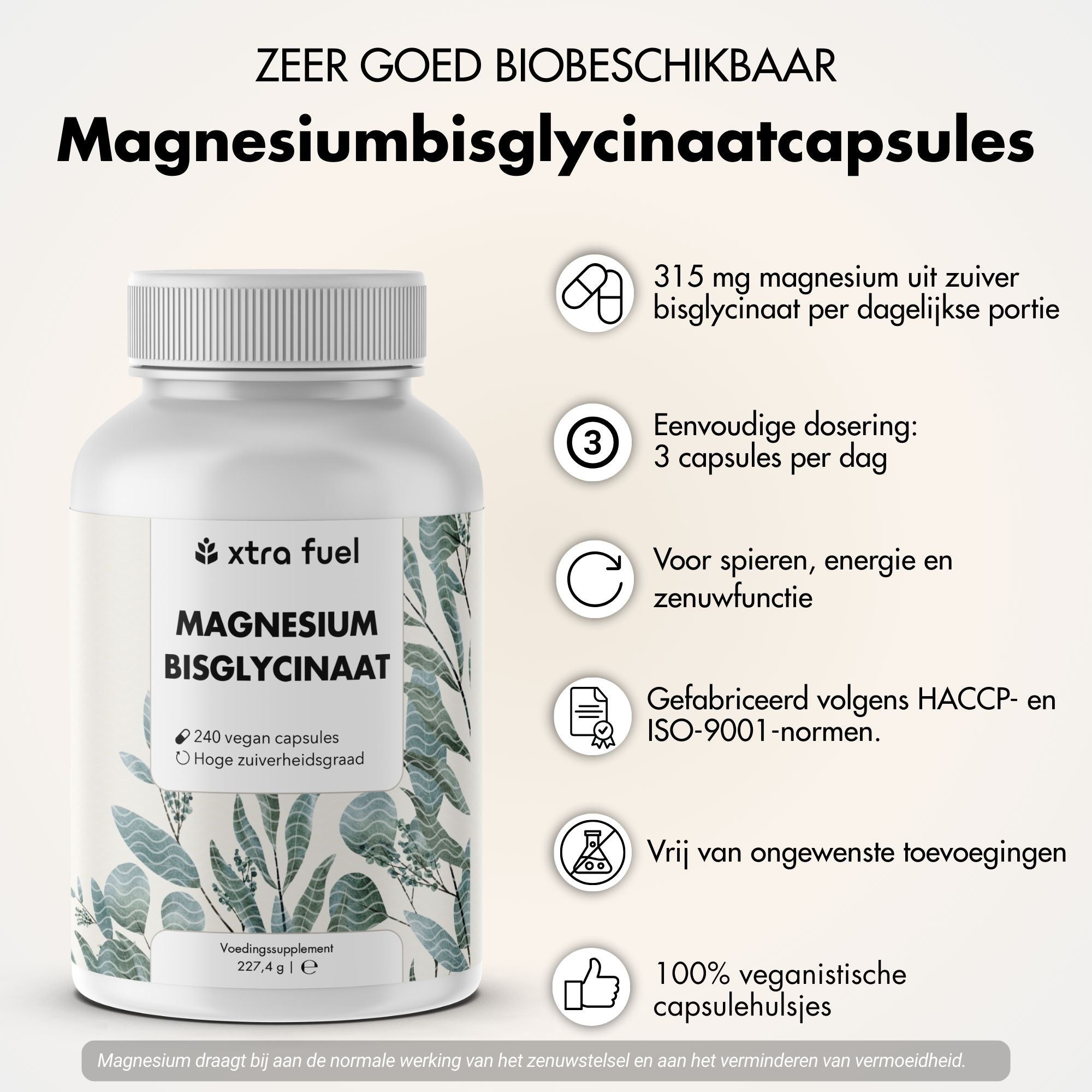 Witte fles met capsules. Tekst: XTRA FUEL Magnesium Bisglycinaat. 240 vegan capsules. Details.