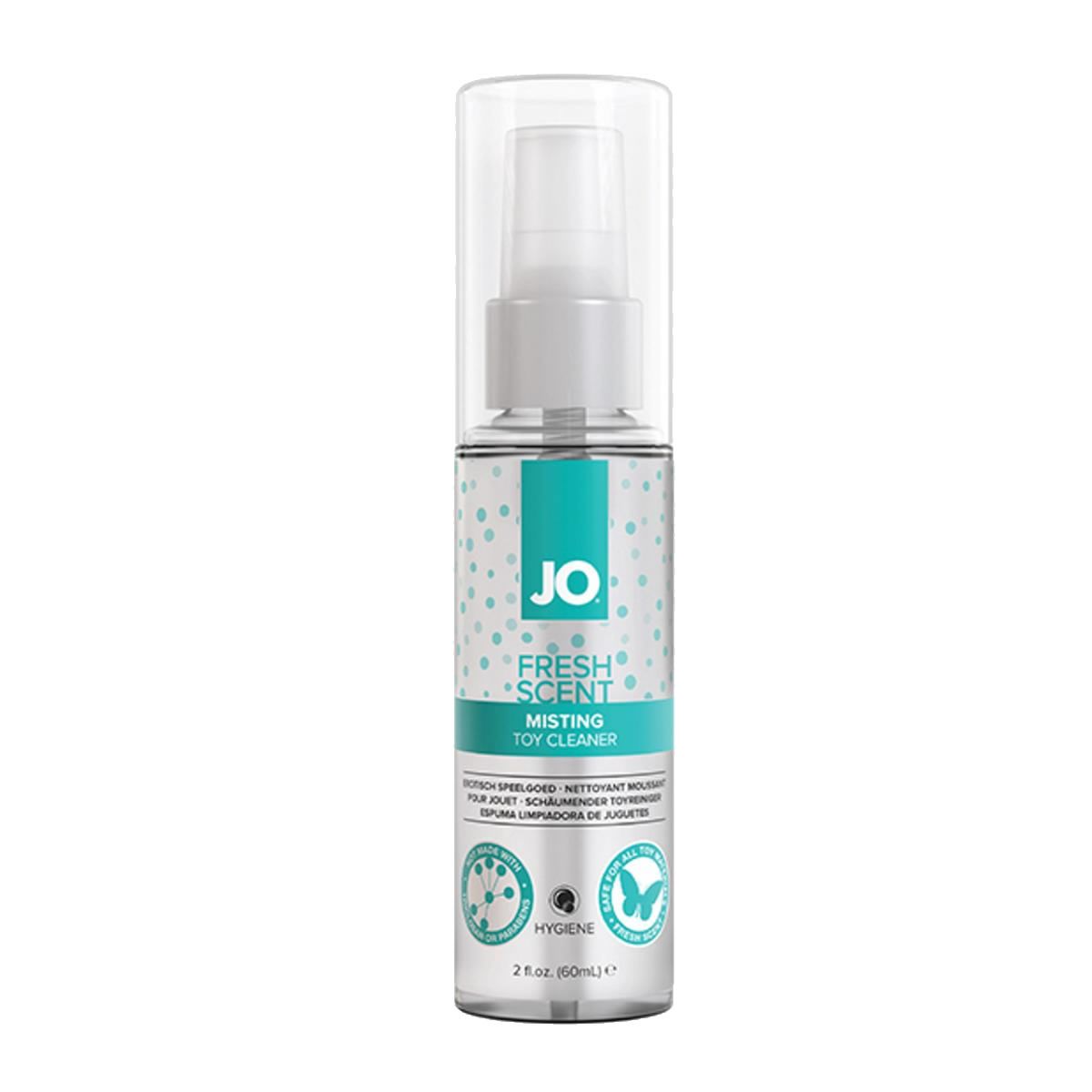 Flacon pulvérisateur transparent avec étiquette turquoise. Inscription: JO, Fresh Scent, Misting Toy Cleaner. 2 fl oz (60ml).