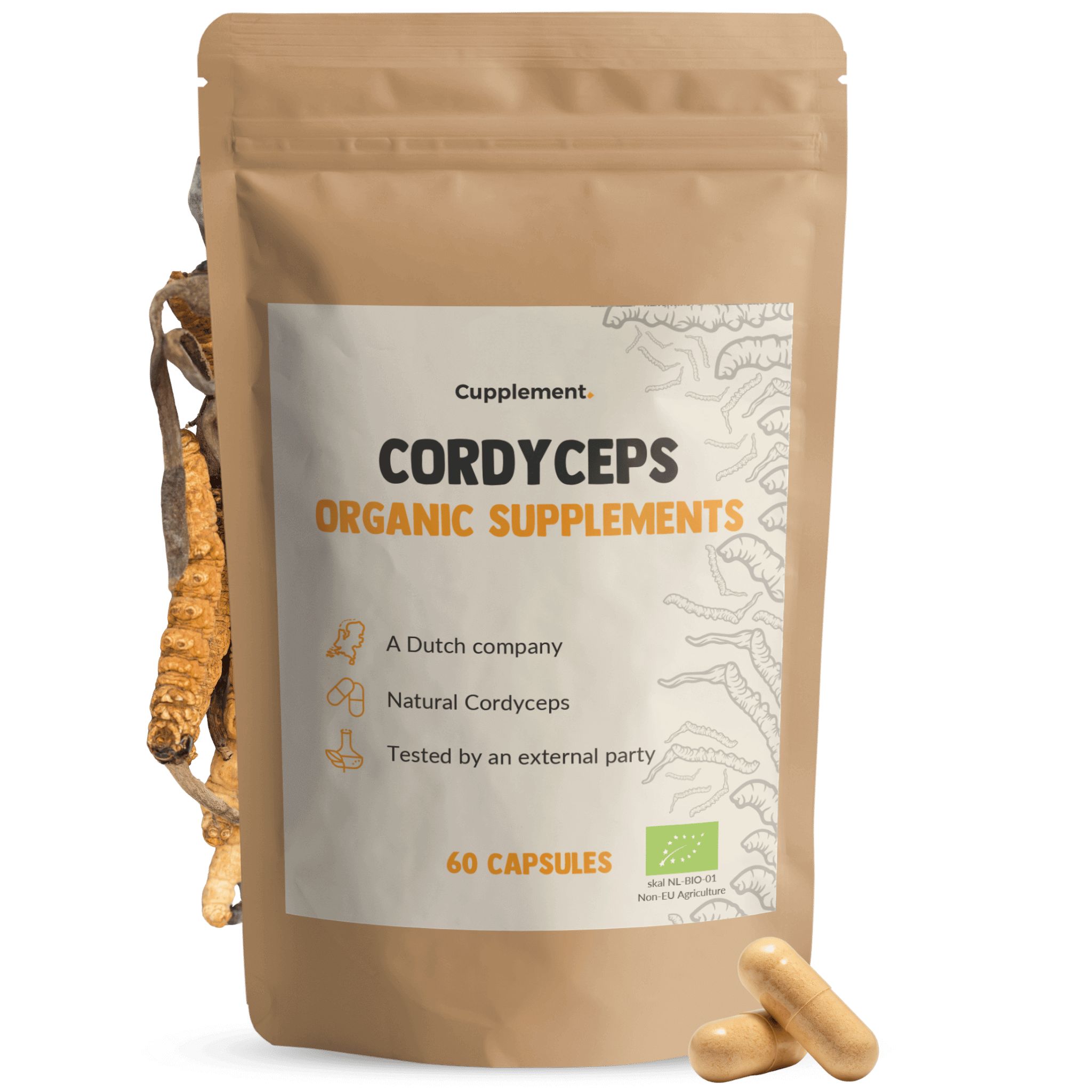Sachet marron avec impression. Contient Cordyceps Organic Supplements. 60 gélules. Avec label bio. Quelques gélules à côté.