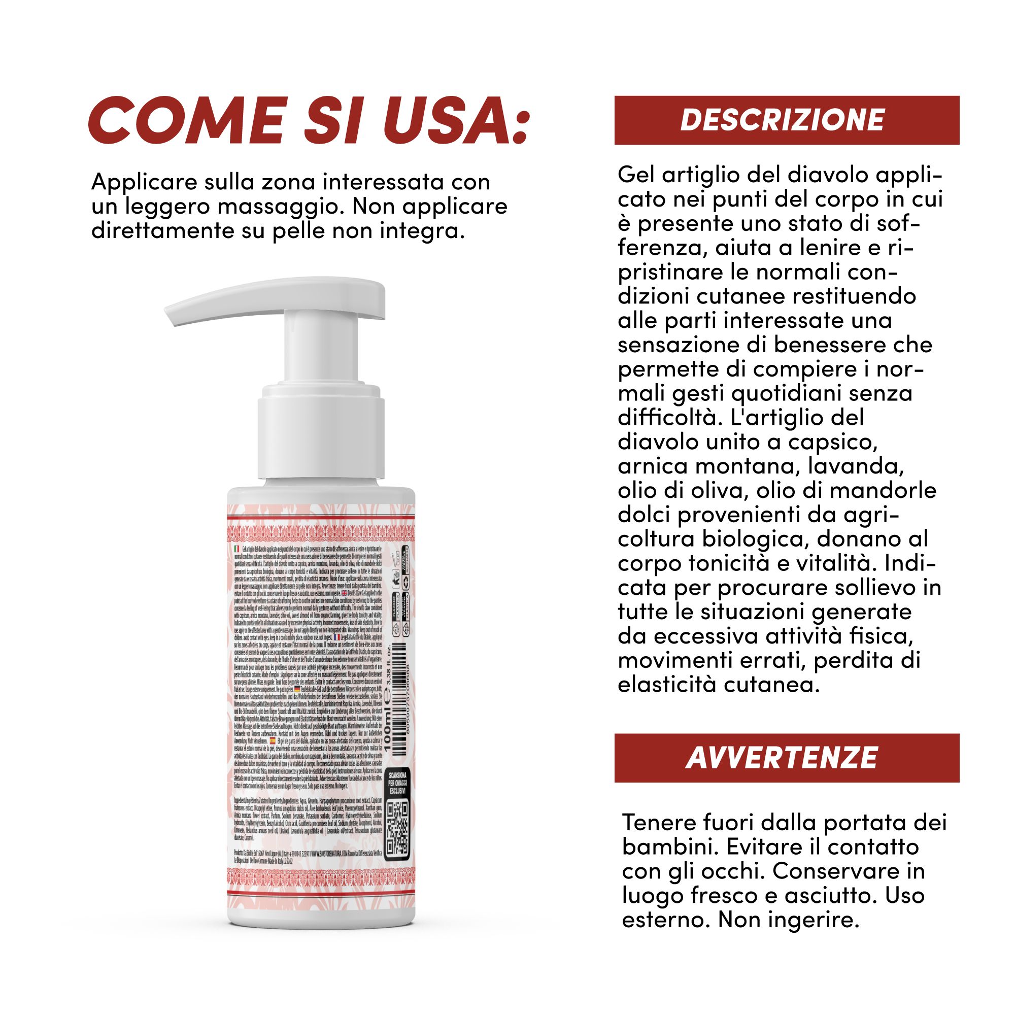 Gelfles met doseerpomp. Tekst: Gel Artiglio del Diavolo. Gebruiksaanwijzing en waarschuwingen.