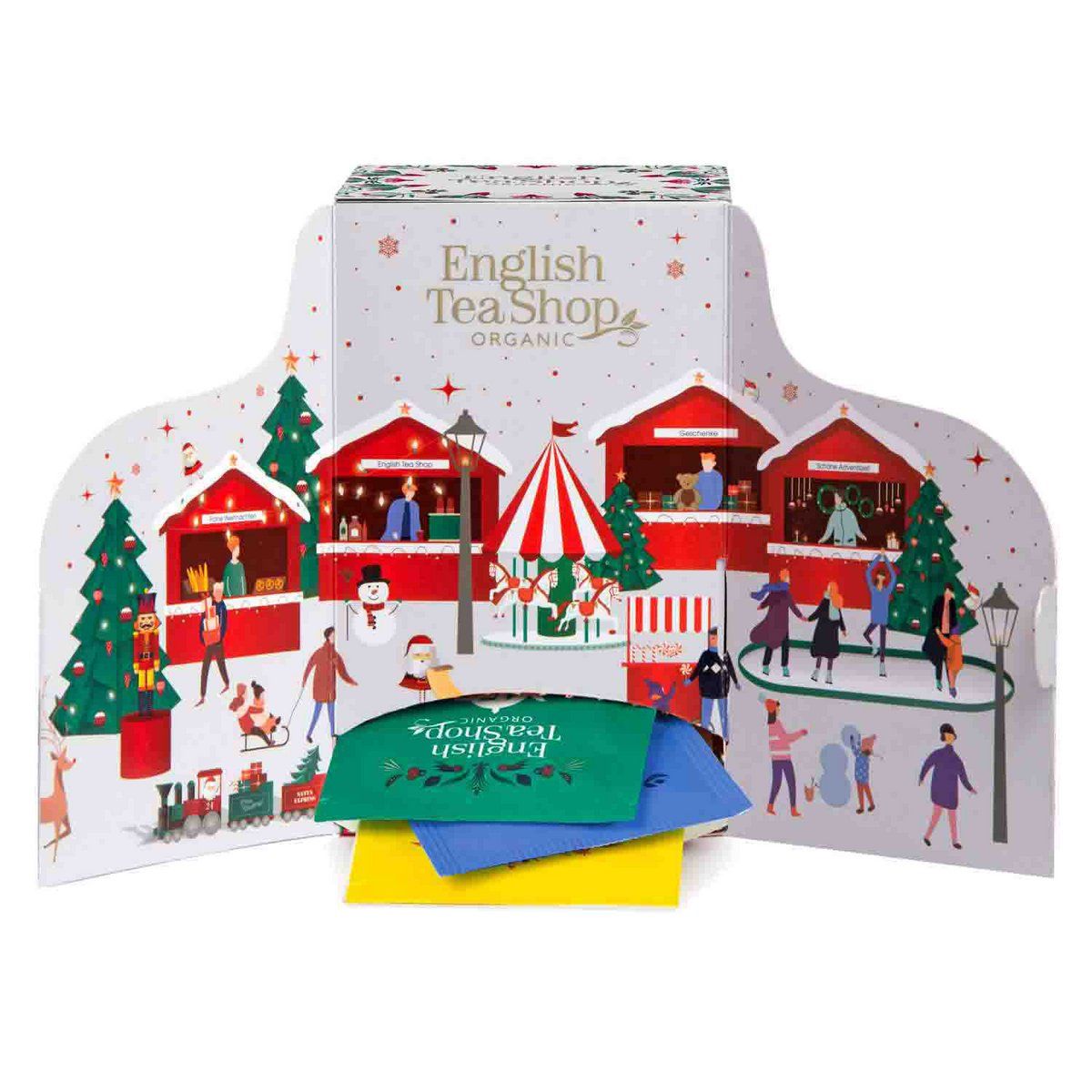 Calendrier de l'Avent "Weihnachtsmarkt" avec 24 sachets de thé. Scène de marché de Noël. Marque : English Tea Shop. Sachets individuels.