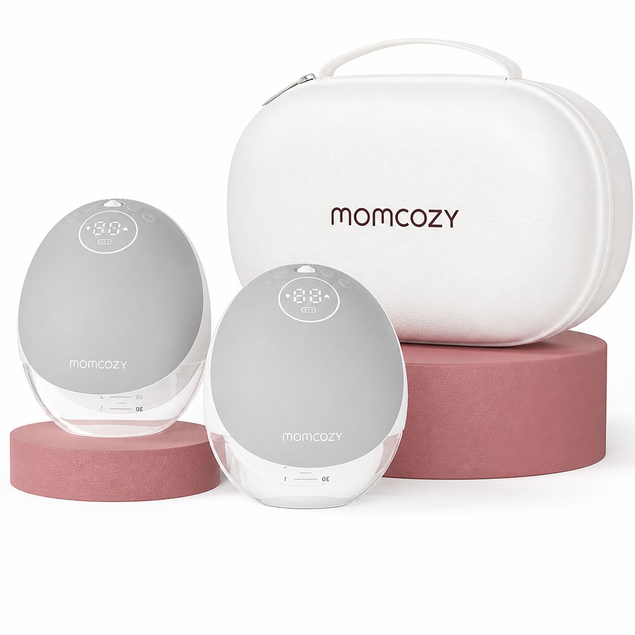 Deux tire-laits Momcozy et une pochette de rangement.