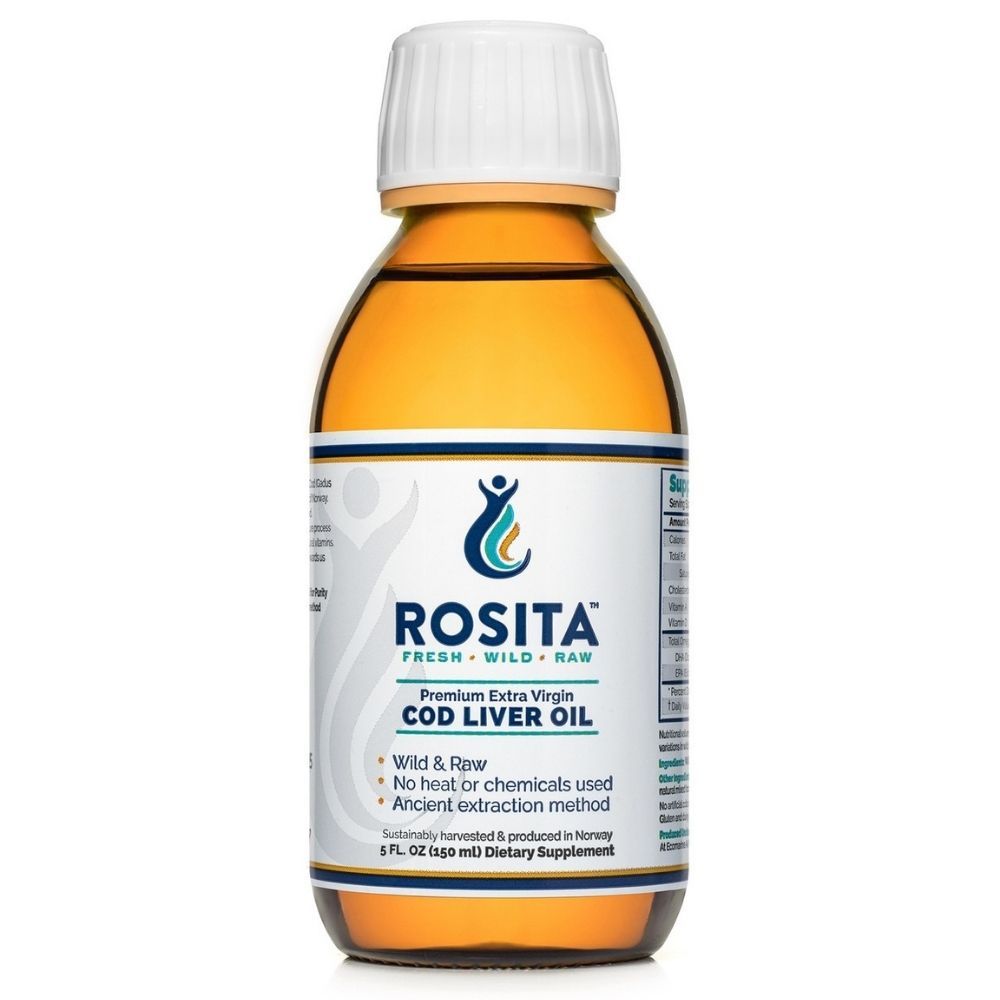 Rosita Premium Extra Virgin levertraan in een glazen fles met witte schroefdop. Etiket met logo en productinformatie.