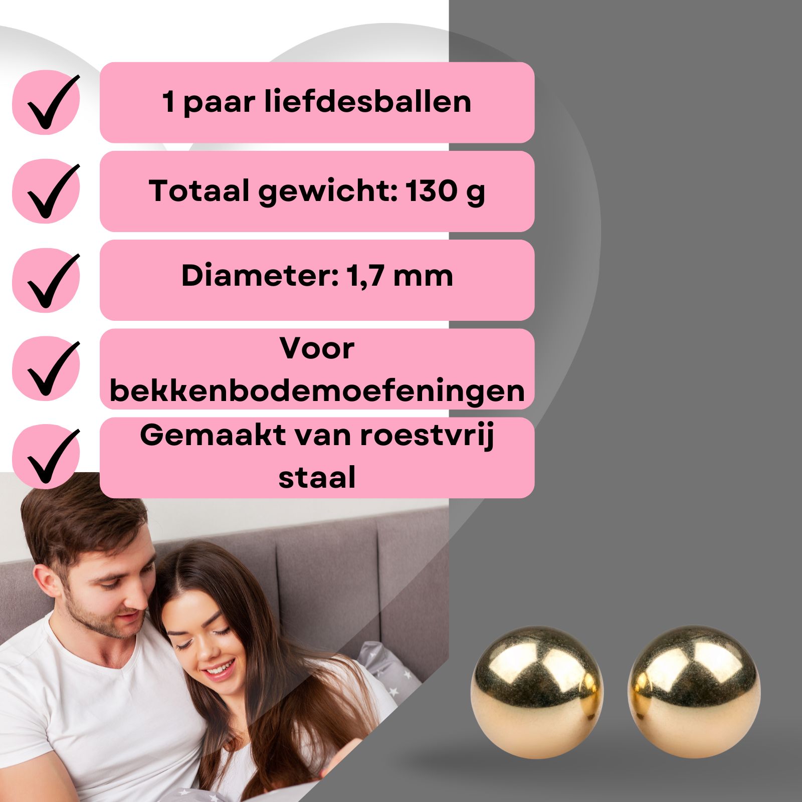 Twee gouden ballen. Tekst met info. Paar, 130g, diameter 1,7 mm.
