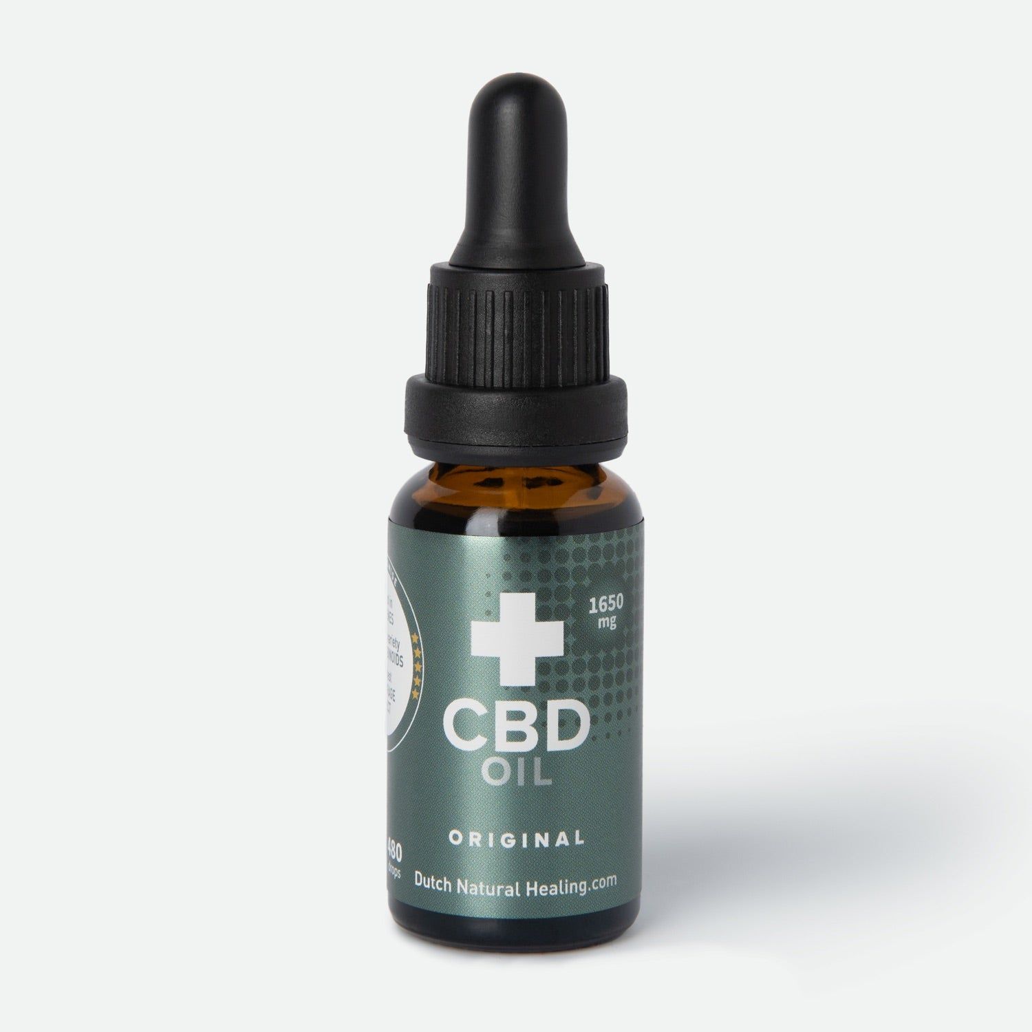 Flacon en verre brun avec compte-gouttes noir. Étiquette avec croix blanche, CBD OIL et ORIGINAL. Logo Dutch Natural Healing.