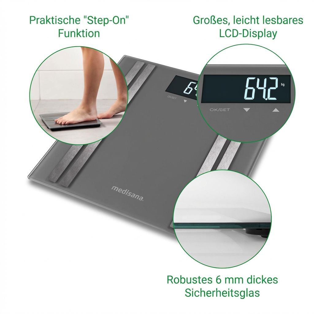 Balance grise en verre avec fonction "Step-On", écran LCD et verre de sécurité de 6 mm.