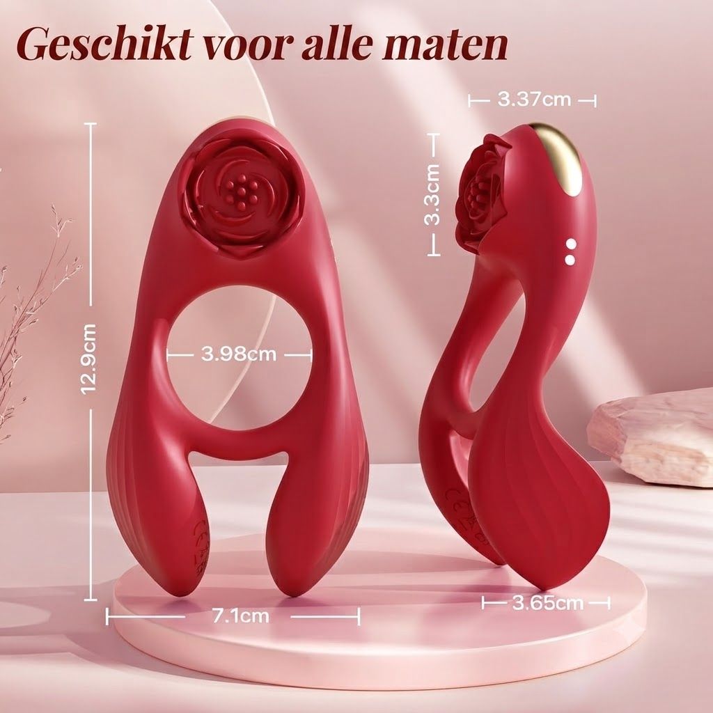 Rode massager, 12,9 cm lang, 7,1 cm breed, met bloemmotief en ringopening (3,98 cm). Zijaanzicht toont 3,3 cm hoogte en 3,37 cm breedte.
