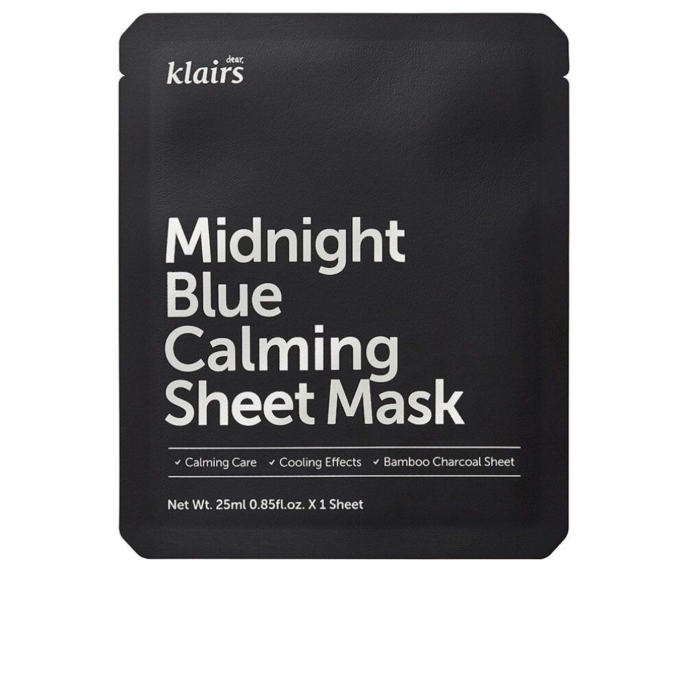 Zwarte verpakking met witte tekst. Bevat "klairs", "Midnight Blue Calming Sheet Mask" en andere informatie.