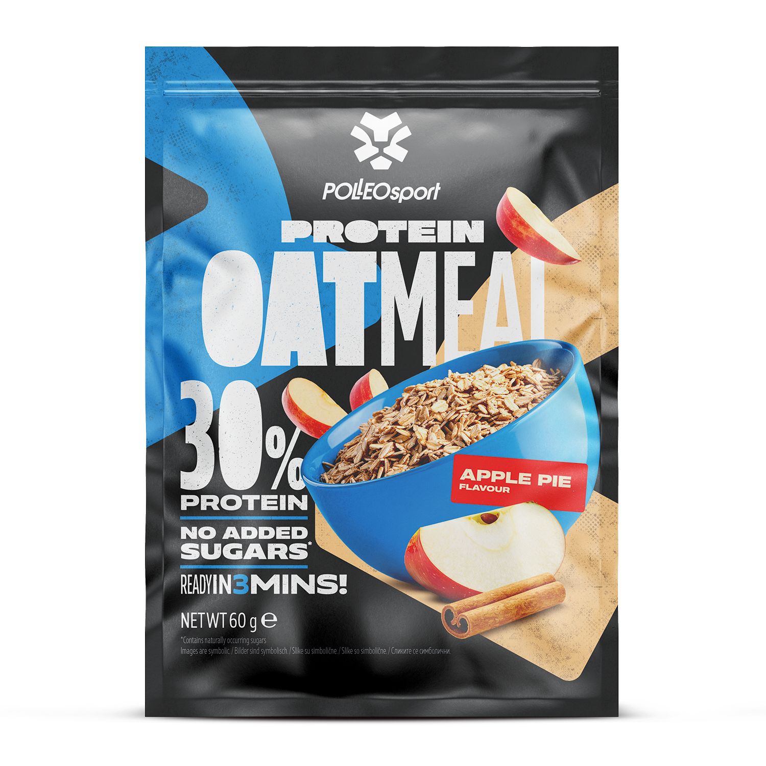 PolleoSport Flocons d'avoine protéinés, saveur tarte aux pommes, 30% de protéines, sans sucres ajoutés, 60g.