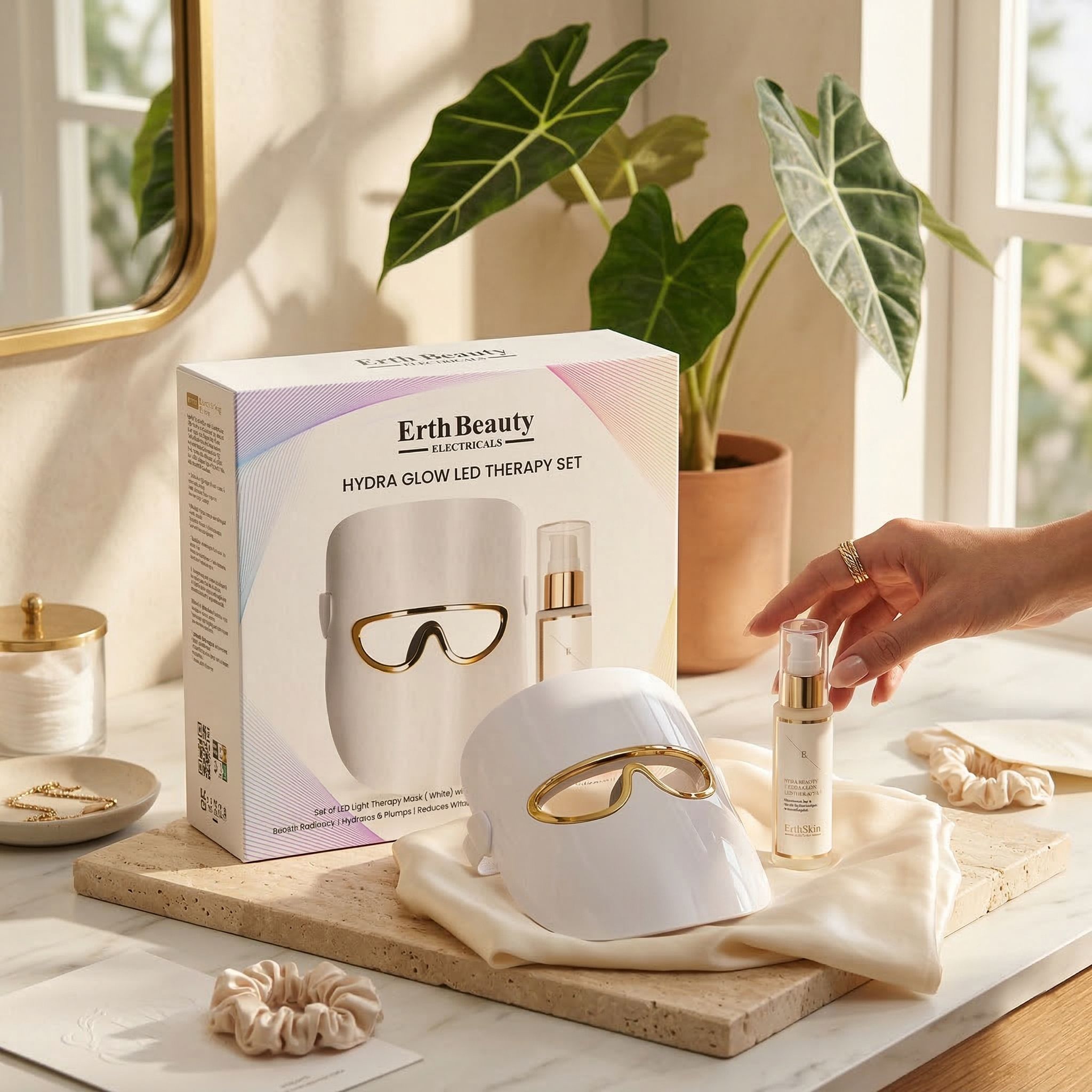 Ensemble Erth Skin London Hydra Glow LED Therapy avec masque facial et sérums, à côté d'une plante sur une table.