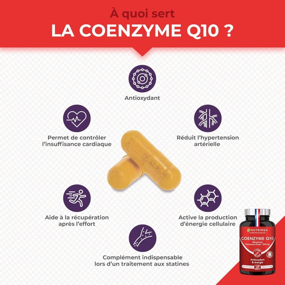 Graphique avec gélules jaunes et icônes. Montre les bienfaits de la coenzyme Q10. Contient une bouteille du produit.