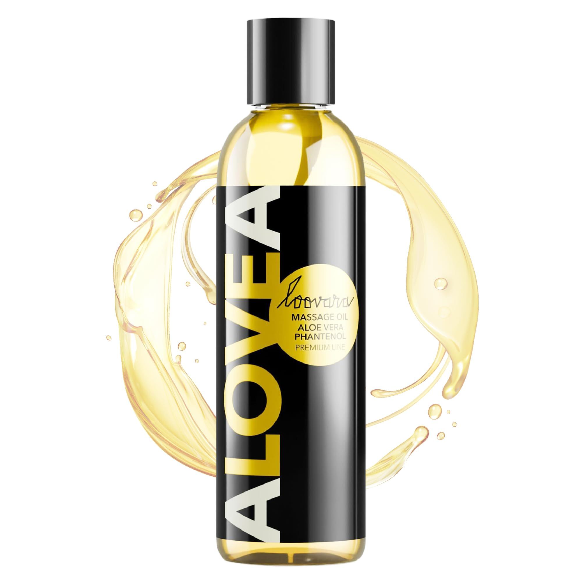 Fles massageolie met zwart etiket en gouden belettering. Gele olie spat rond de fles.