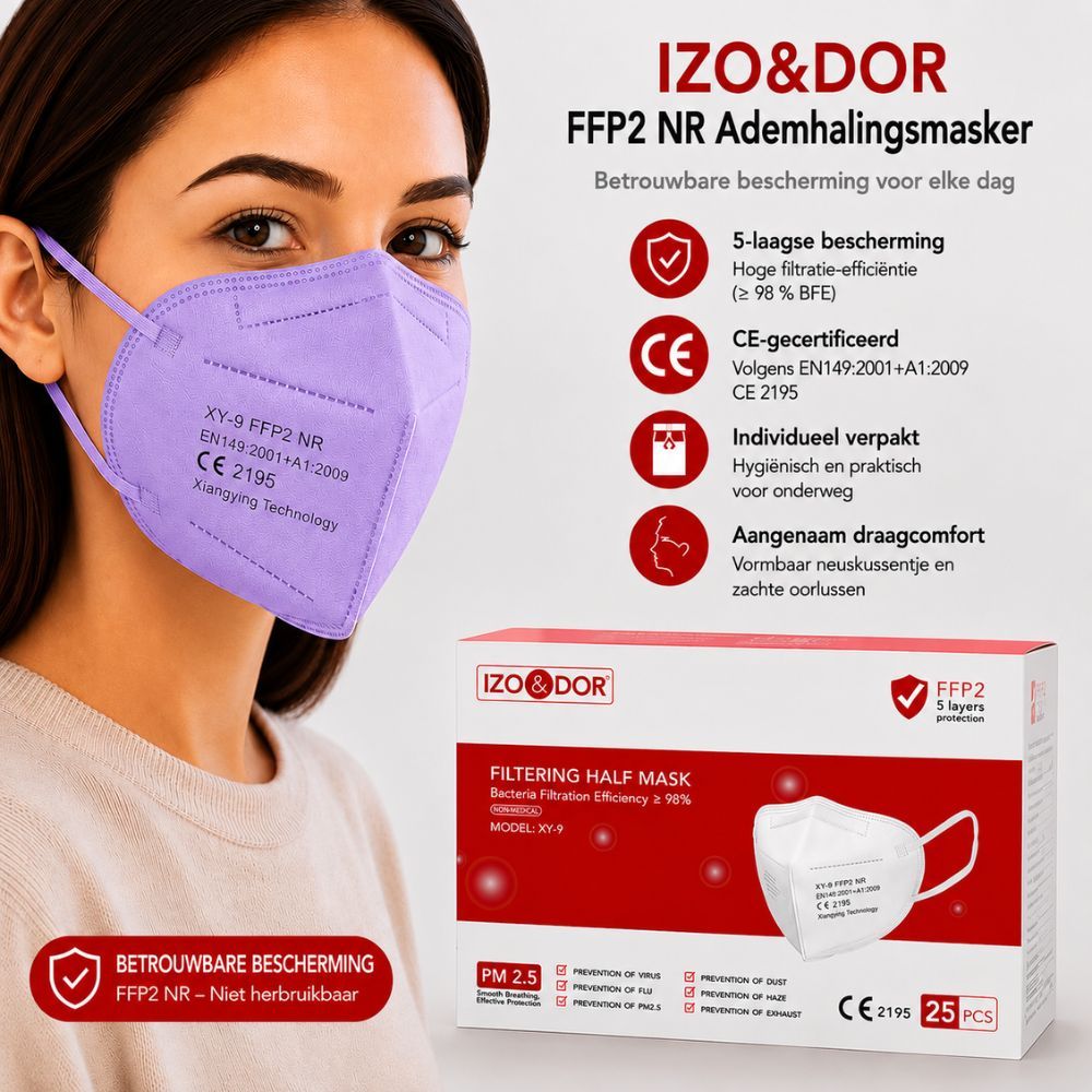 Verpakking van FFP2-masker; 5 lagen, CE-gecertificeerd, 25 stuks.