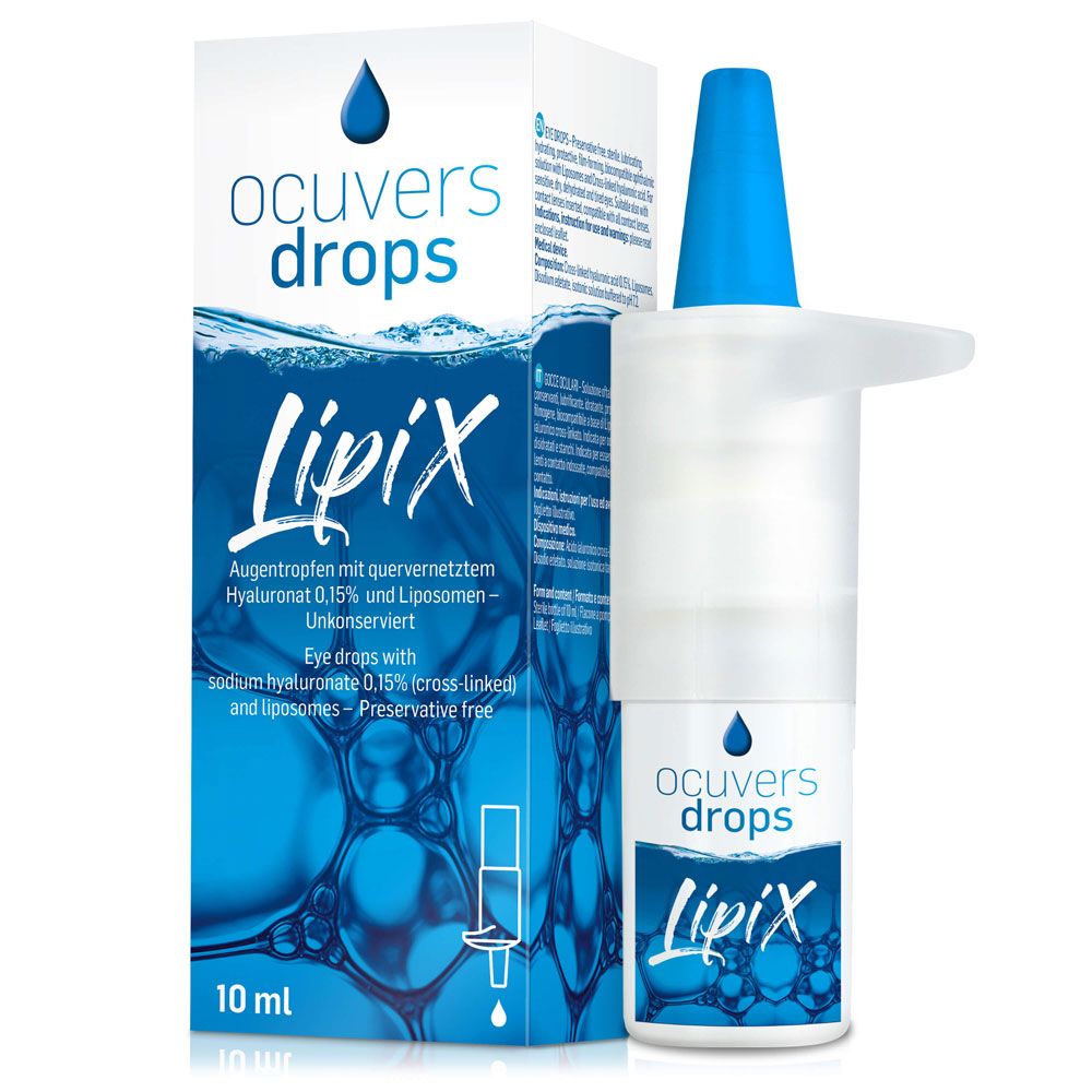 Emballage et flacon du produit. Texte: Gouttes ophtalmiques avec hyaluron réticulé et liposomes. Nom du produit: ocuvers drops LipiX.