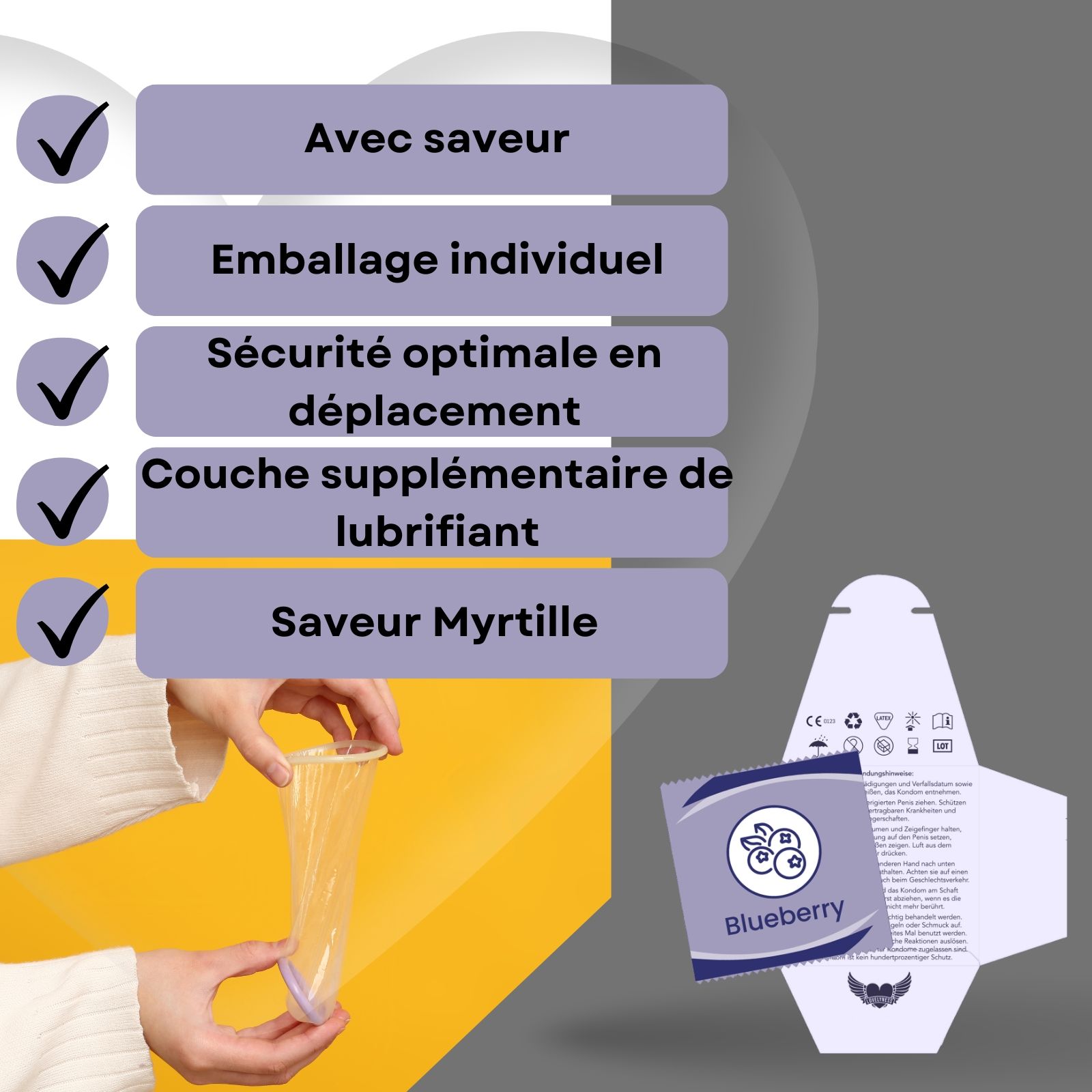 Préservatifs saveur myrtille, longueur 190 mm, largeur nominale 52 mm. Lubrifiant supplémentaire.