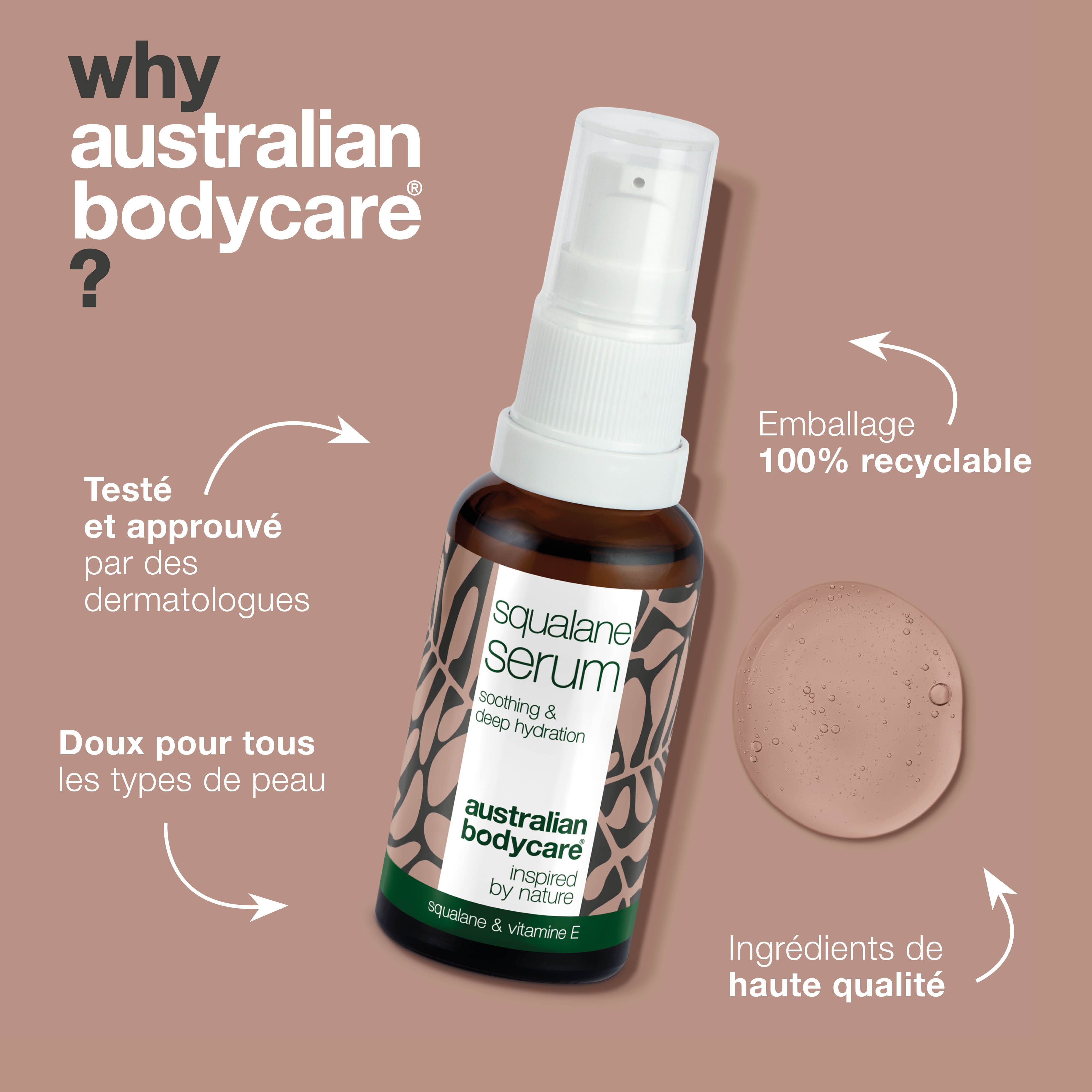 Flacon de sérum. Texte : testé par des dermatologues, doux pour tous types de peau, emballage 100% recyclable.