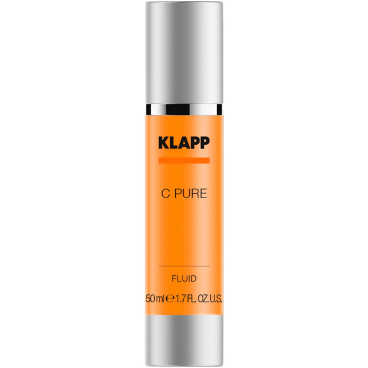 Cilindrische fles met zilveren dop en oranje etiket. Opschrift: KLAPP, C Pure, Fluid, 50ml.