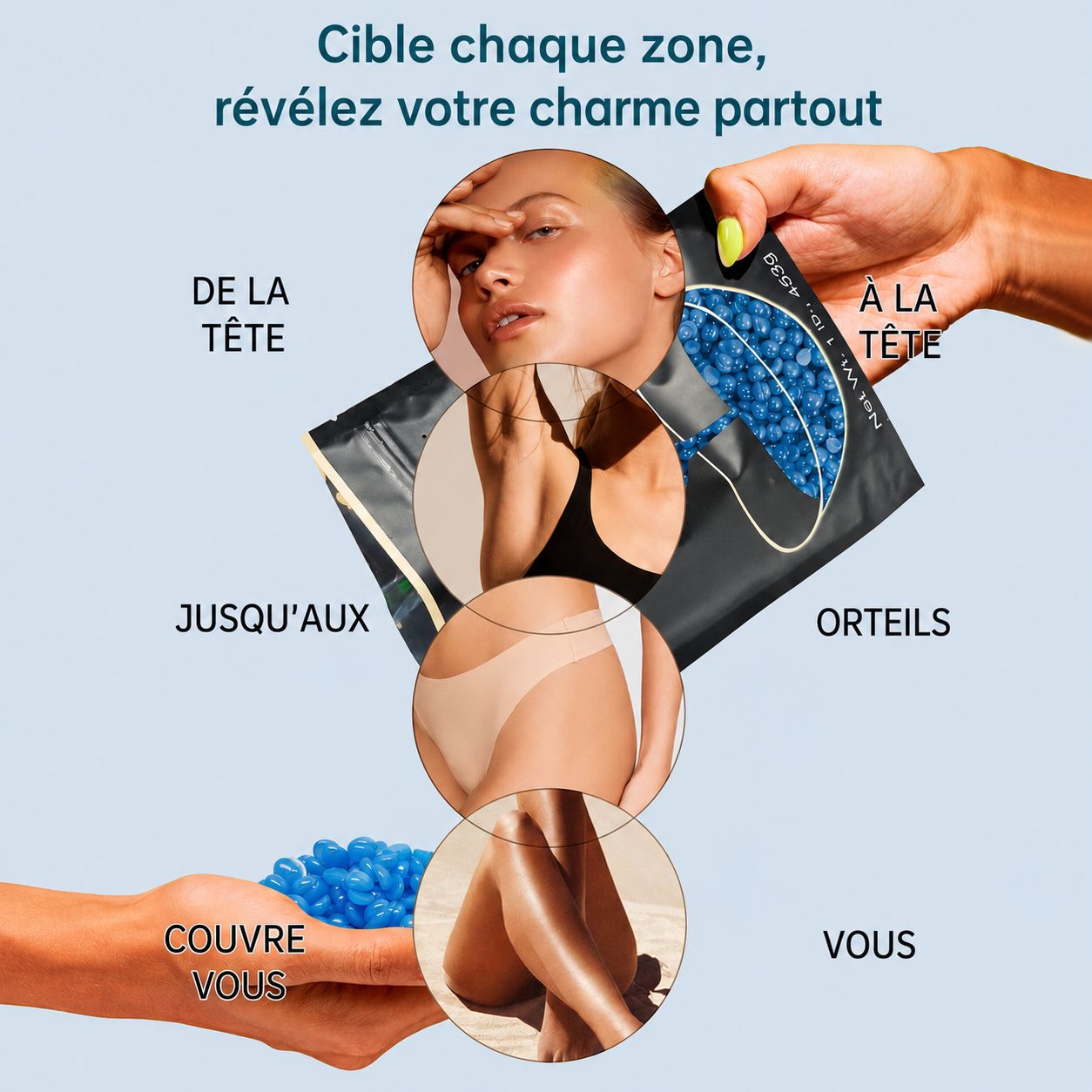 Emballage noir avec des perles bleues, vignettes de visage, torse, jambes et pieds.