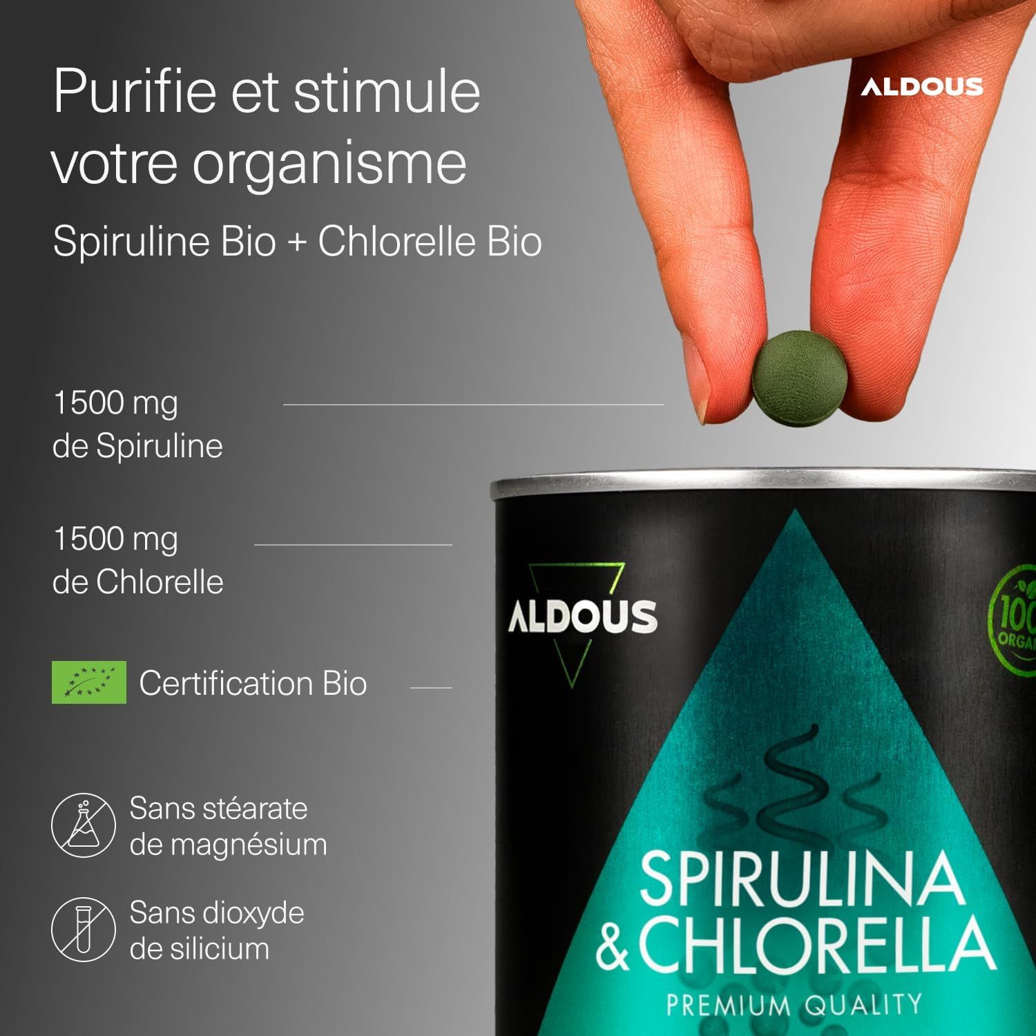 Boîte de Spiruline et Chlorelle, une pilule verte tenue par une main. Comprend une certification bio.