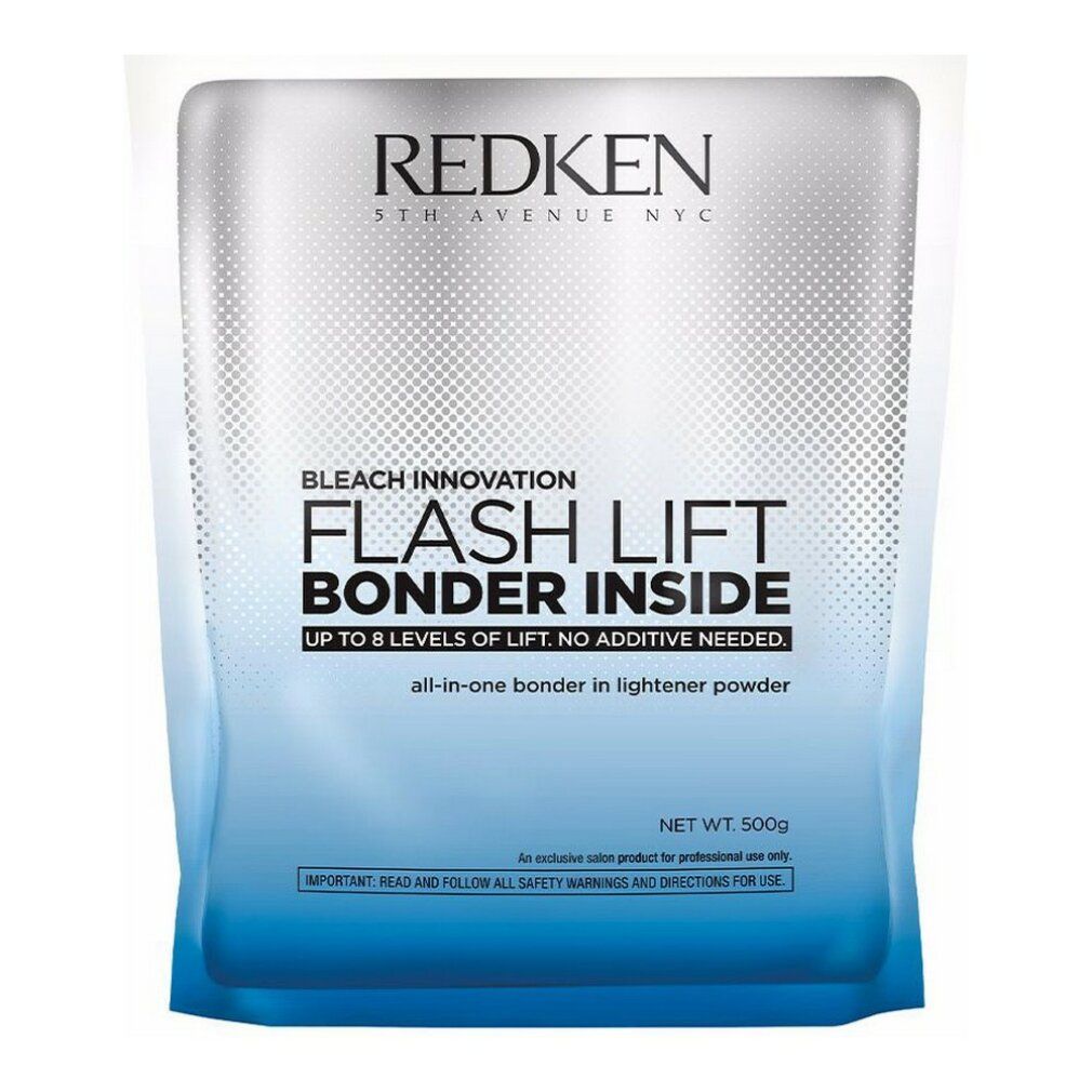Sachet Redken Flash Lift Bonder Inside. Inscription: Flash Lift Bonder Inside, jusqu'à 8 niveaux d'éclaircissement, aucun additif nécessaire.