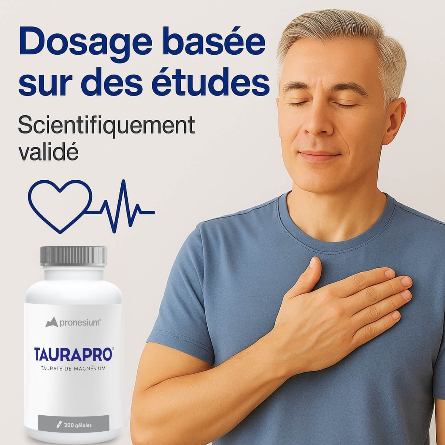 Homme avec la main sur la poitrine. Flacon TAURAPRO. Texte : Dosage basé sur des études.