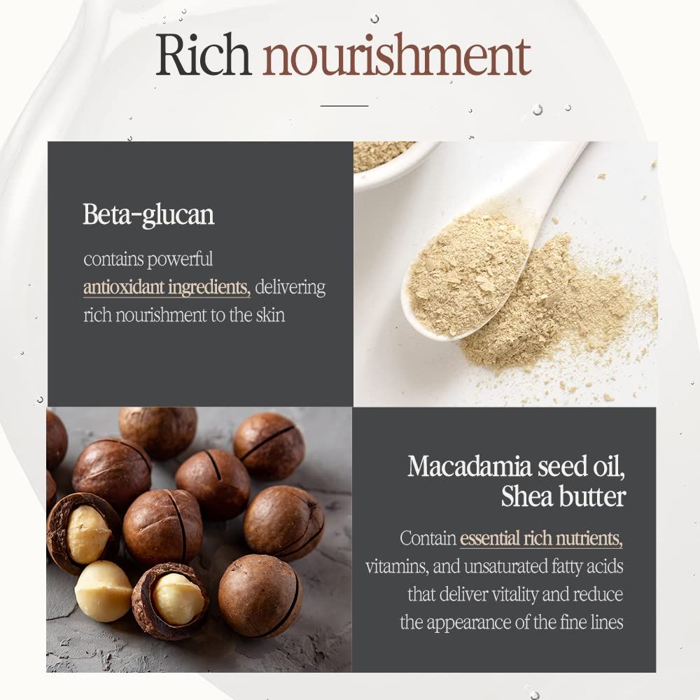 Texte : Le bêta-glucane contient des antioxydants. L'huile de macadamia et le beurre de karité nourrissent.