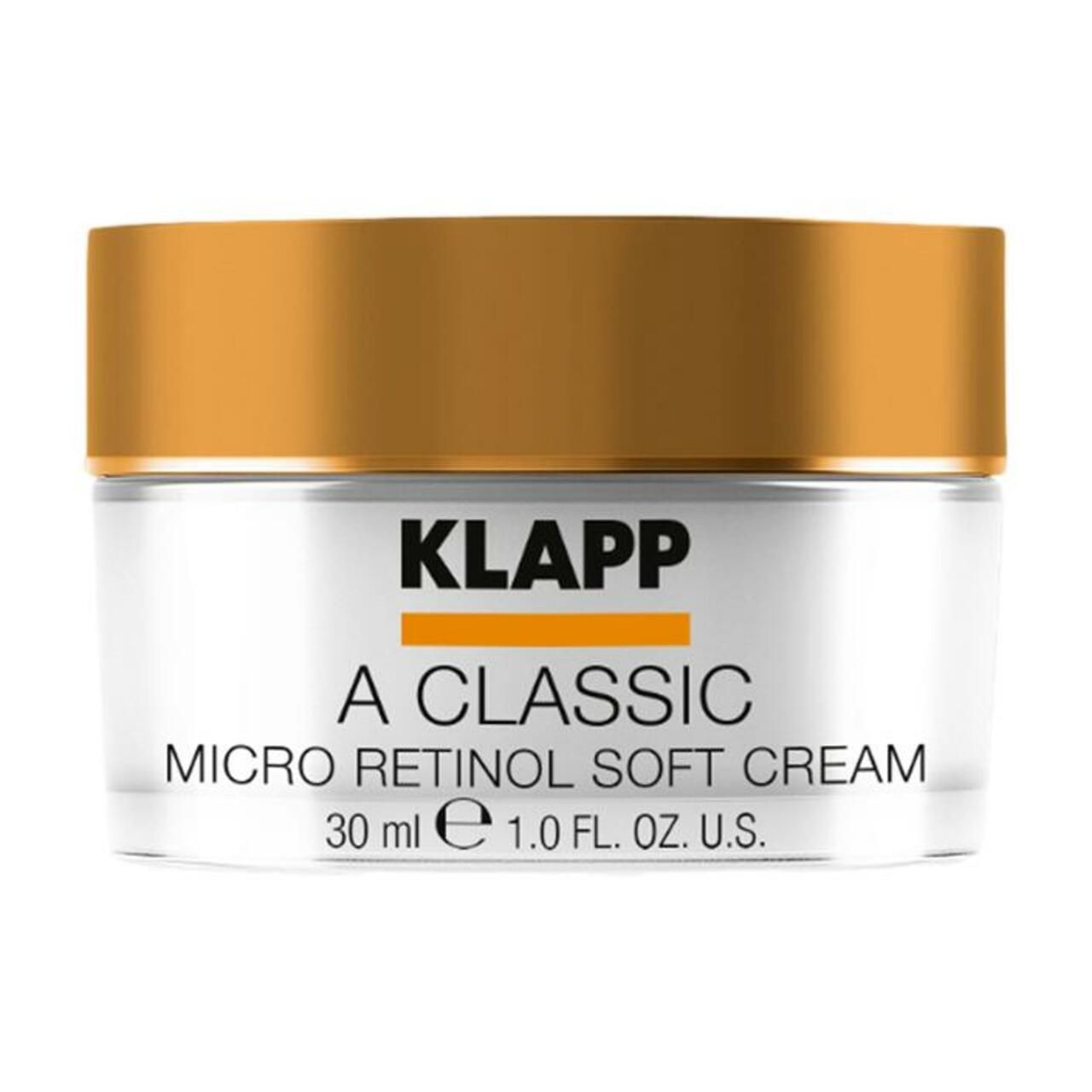 Crème potje met gouden deksel. Opschrift: KLAPP, A Classic Micro Retinol Soft Cream. Volume: 30 ml.