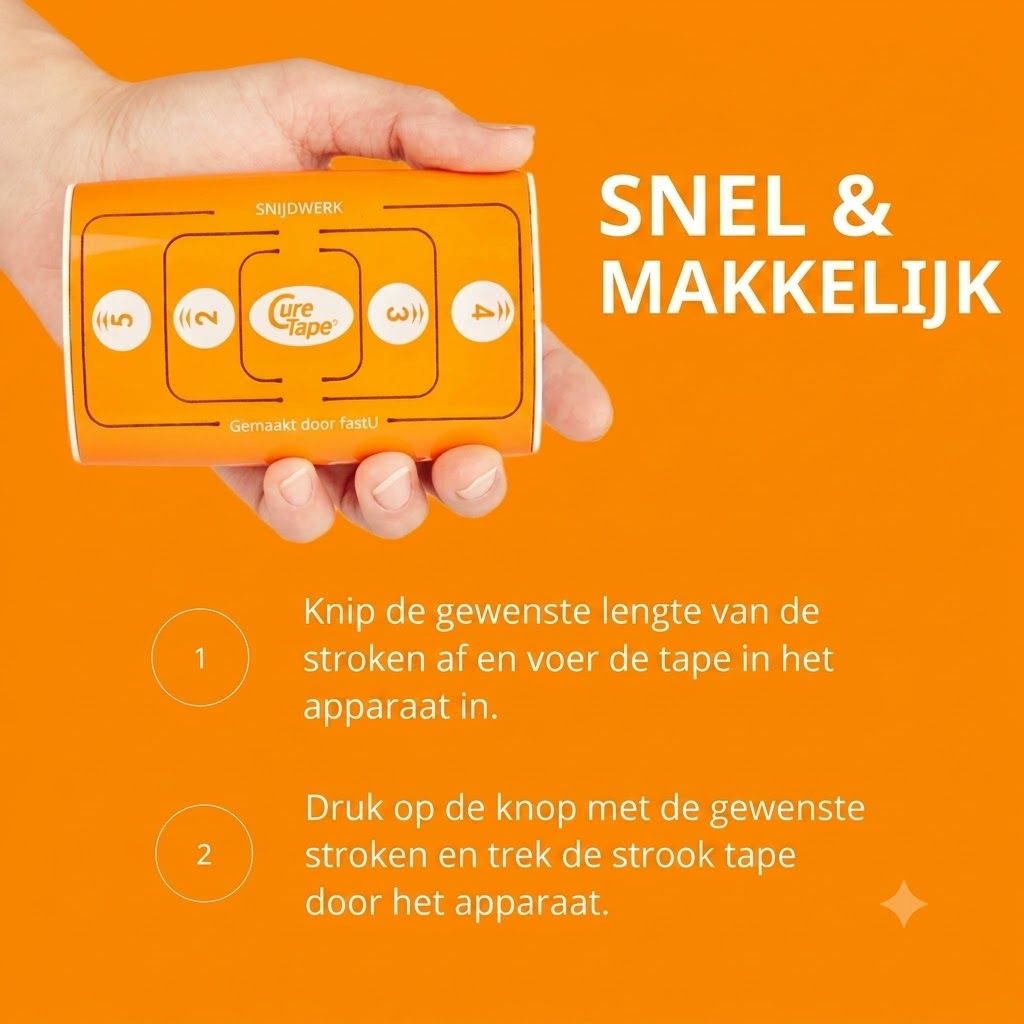 Oranje tape dispenser met vier instelbare knoppen en het 'Cure Tape' logo.