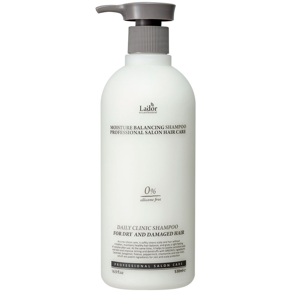 Lador Moisture Balancing Shampoo, 530ml, pompfles, voor droog en beschadigd haar, 0% siliconen.