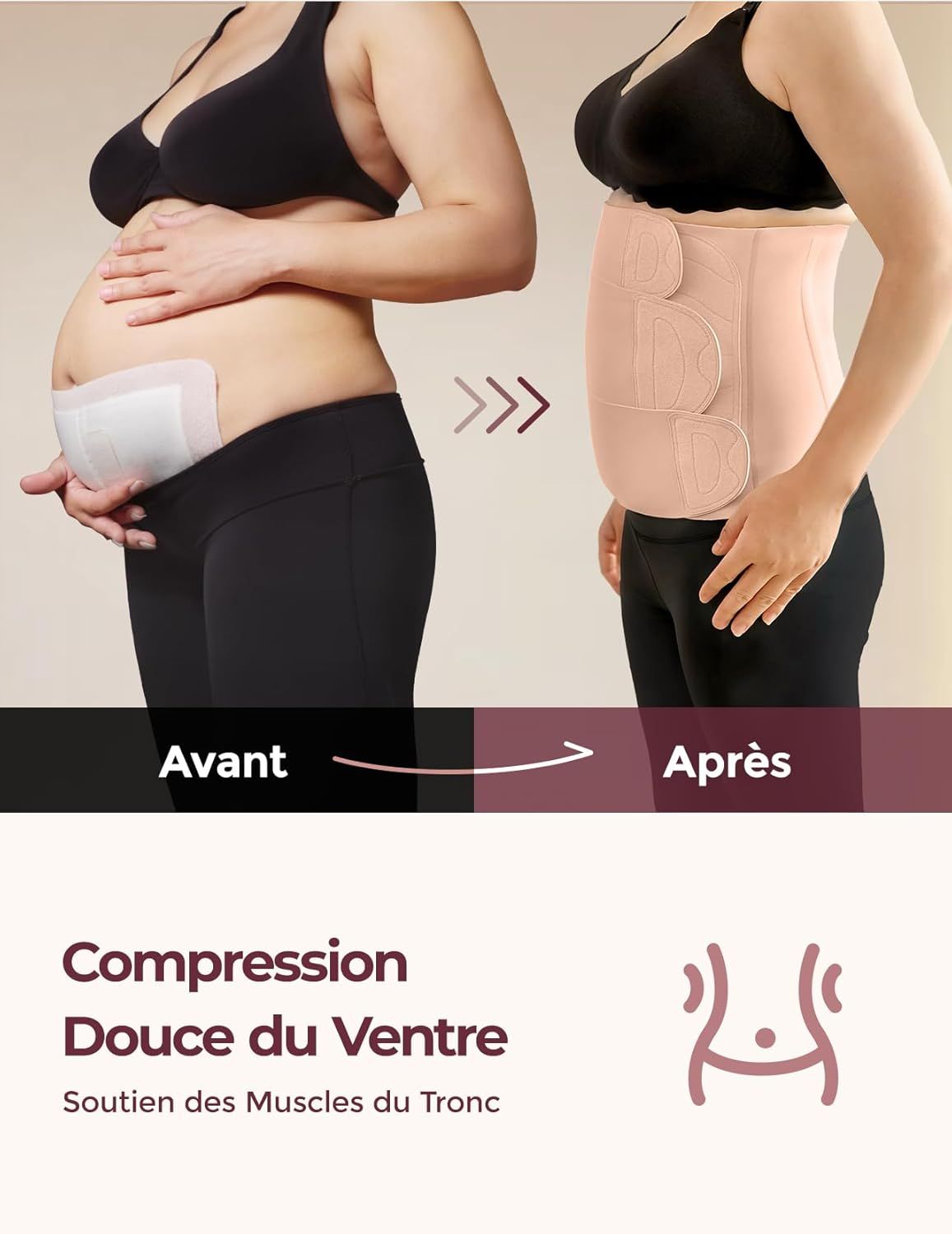 Comparaison avant-après d'une femme portant une ceinture abdominale.