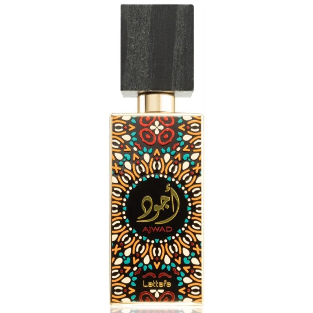 Lattafa Ajwad Eau de Parfum fles met zwarte houten dop en kleurrijk patroon.