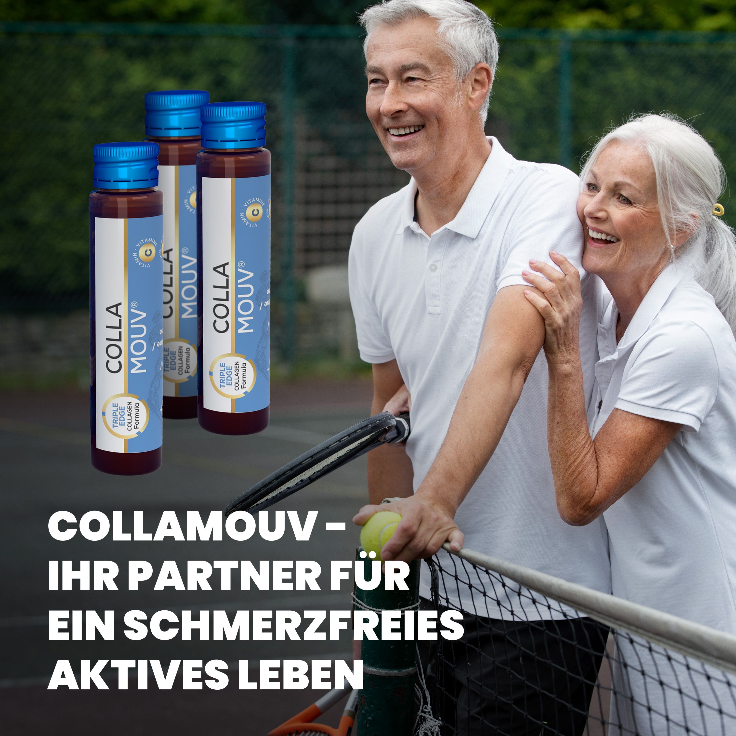 BHW Collamouv Original Kollagen : Couple âgé jouant au tennis, trois flacons au premier plan.