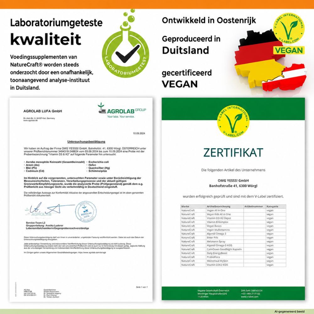 Certificaten en zegels voor "Laboratoriumgeteste kwaliteit", "Geproduceerd in Duitsland" en "Gecertificeerd Vegan".