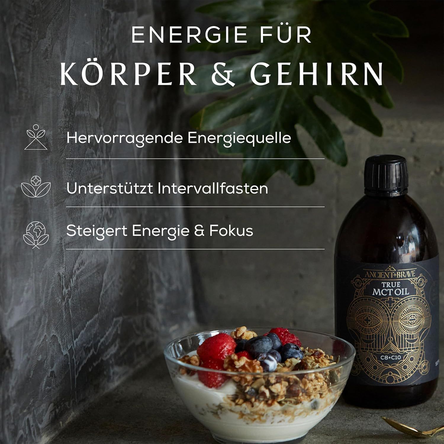 Un bol de yaourt, muesli et baies est placé à côté d'une bouteille d'huile MCT. Texte : 'ENERGIE FÜR KÖRPER & GEHIRN'.