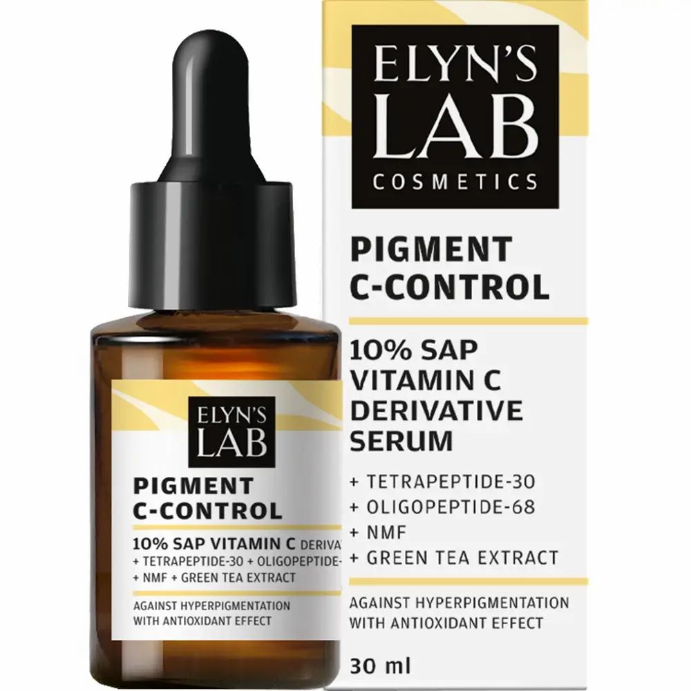 Serumfles en verpakking naast elkaar. Productnaam en ingrediënten op het etiket. ELYN'S LAB Pigment C-Control Serum.