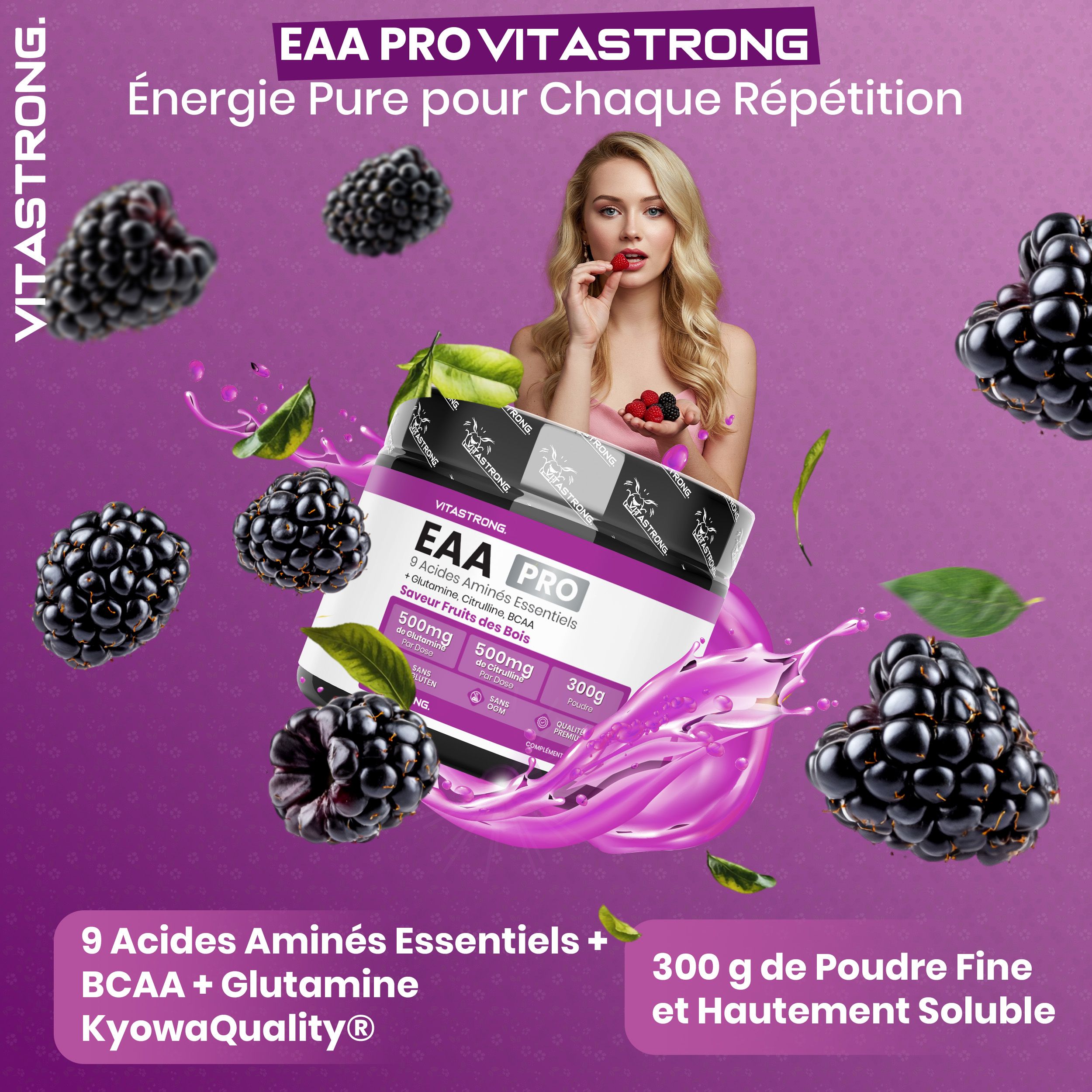 Vitastrong EAA Pro, pot. 300g poeder. 9 essentiële aminozuren. Bessensmaak. Glutenvrij, geen GMO. Met BCAA.