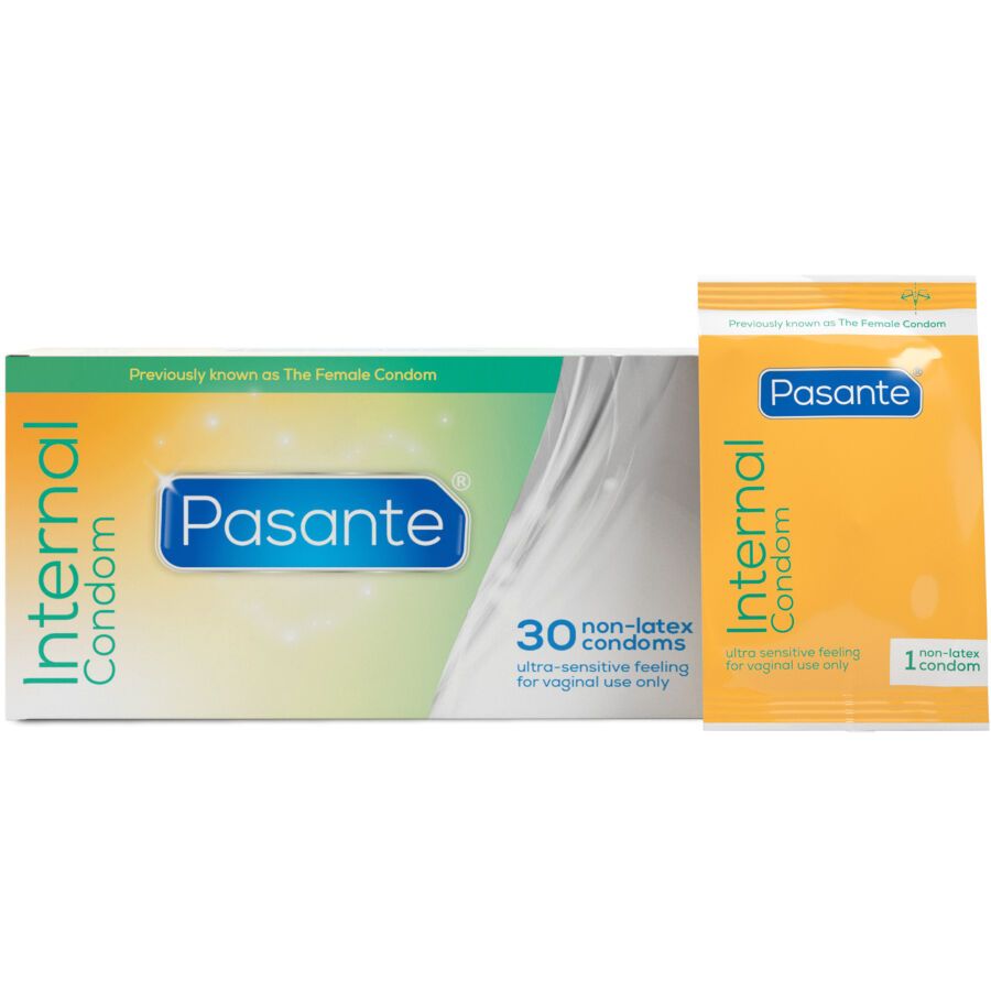 Doos en individuele verpakking. Merk Pasante, blauwe tekst op witte achtergrond. Tekst: Internal Condom, 30 non-latex condooms, ultra-gevoelige sensatie.