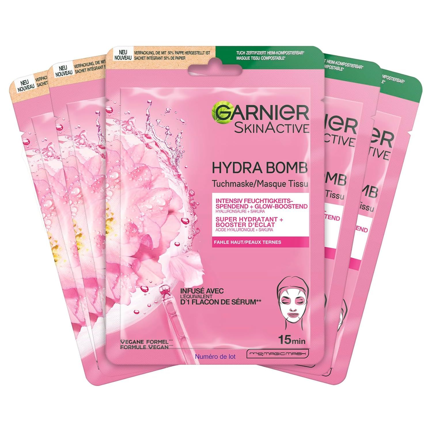 Meerdere Garnier SkinActive Hydra Bomb tissue maskers. Verpakking met productafbeelding en tekst. Opschrift: Intensieve hydratatie.