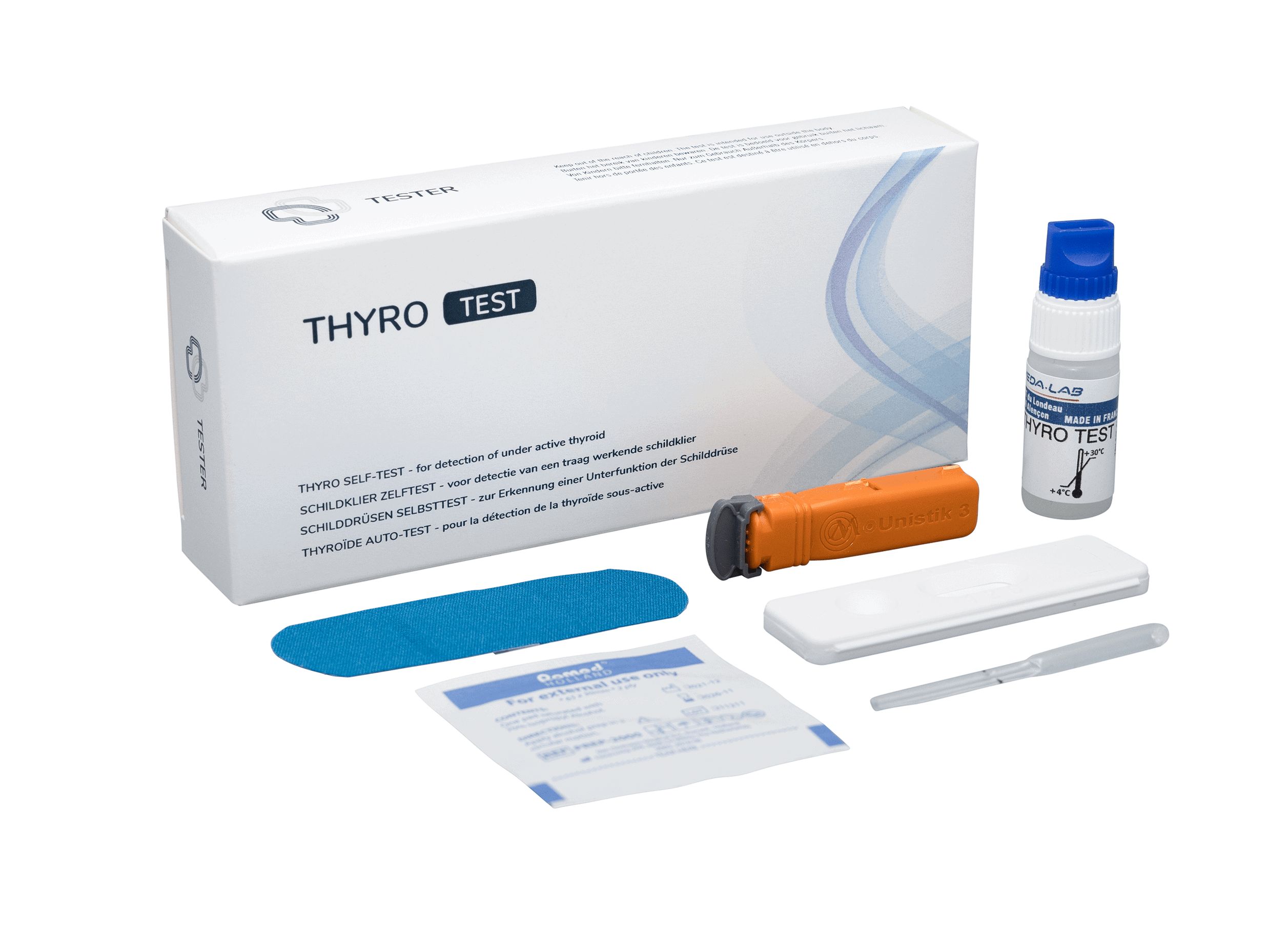 Kit d'auto-test Thyro Test avec pipette, cassette de test, lingette alcoolisée et instructions.