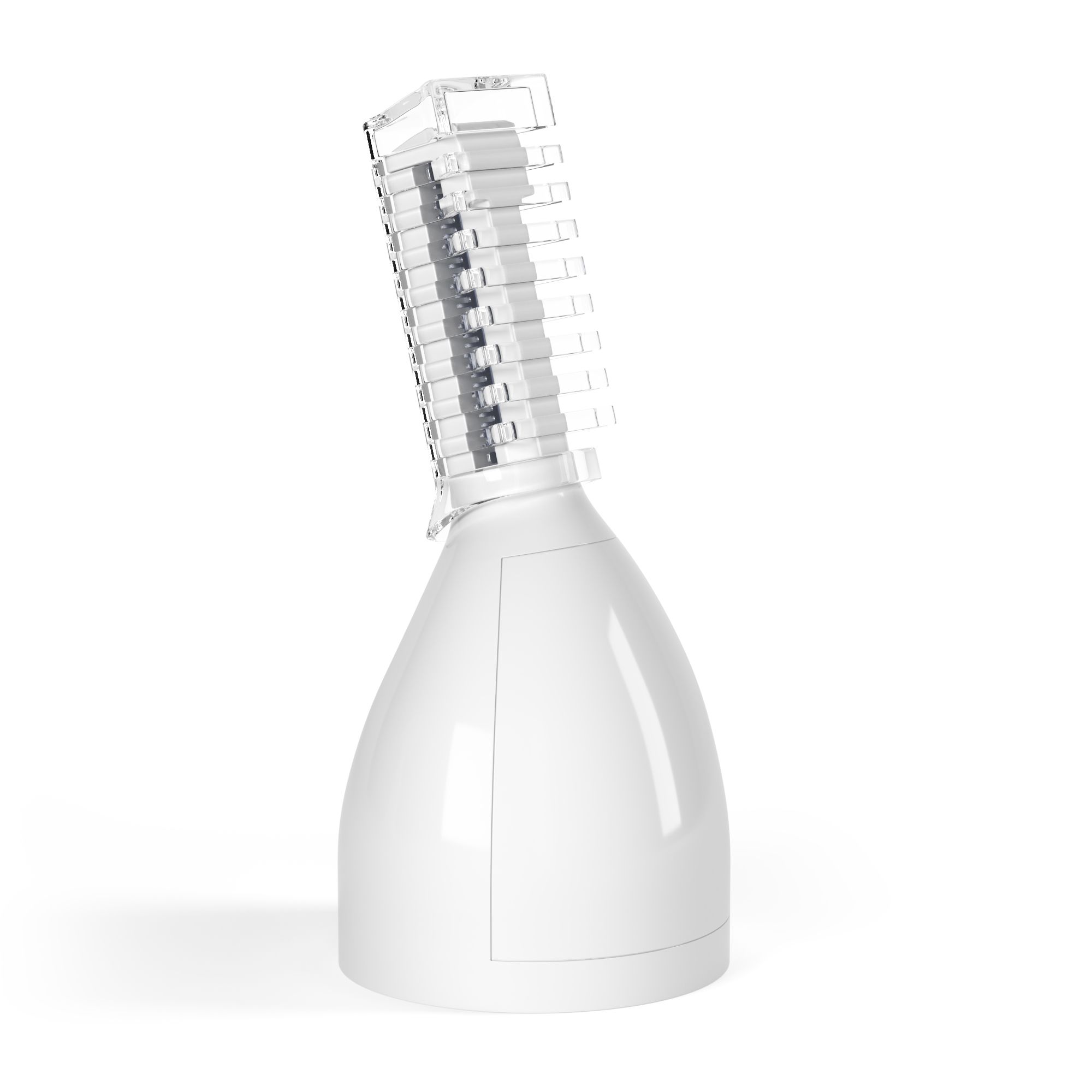 Tête d'épilation des sourcils blanche. La tête est transparente et de forme rectangulaire. Le manche est conique.