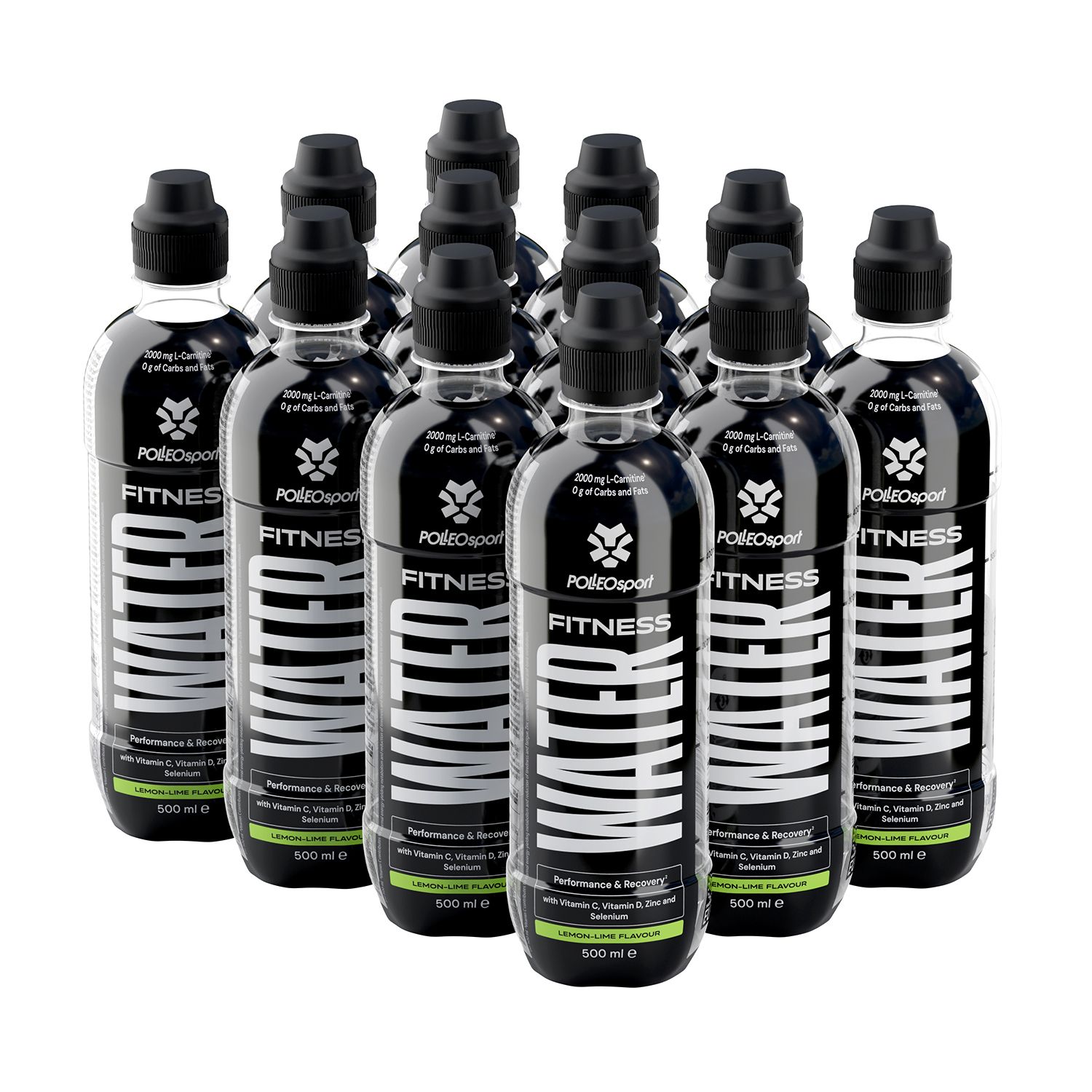 Meerdere flessen Fitness Water. Zwarte flessen met witte tekst. Opschrift: Fitness Water, Polleo Sport. Zwarte doppen.