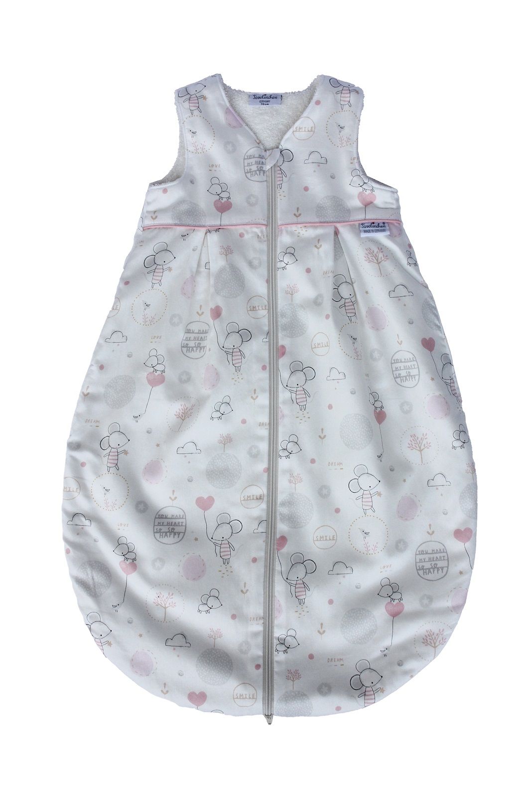 Slaapzak met muizenpatroon, ritssluiting. Roze accenten, V-hals. Textielprint met muizen en ballonnen.