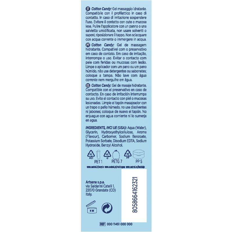 Control Cotton Candy glijmiddel, 200 ml fles met suikerspin afbeelding.