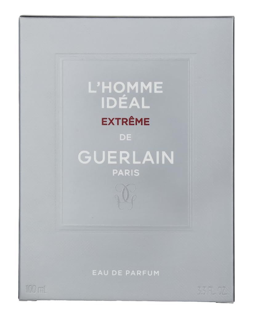 Grijze verpakking van Guerlain L'Homme Idéal Extrême. Opschrift met productnaam en merk, daaronder Eau de Parfum.