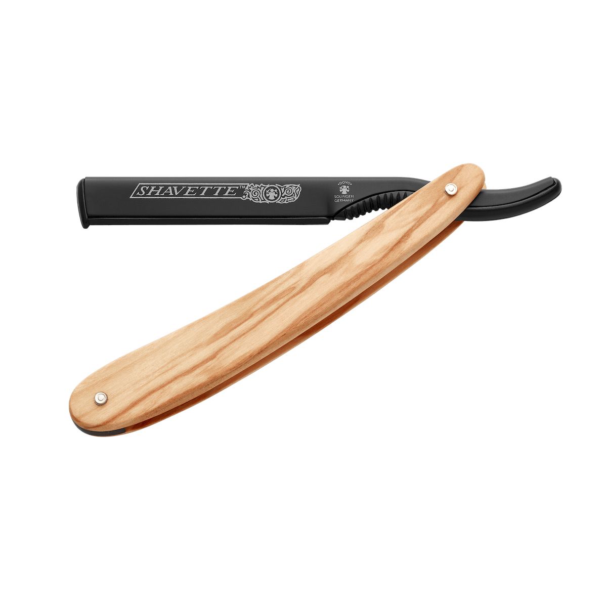 Scheermes met houten handvat. Zwart lemmet met 'SHAVETTE'. Houten handvat met klinknagels. Open, bovenaanzicht.