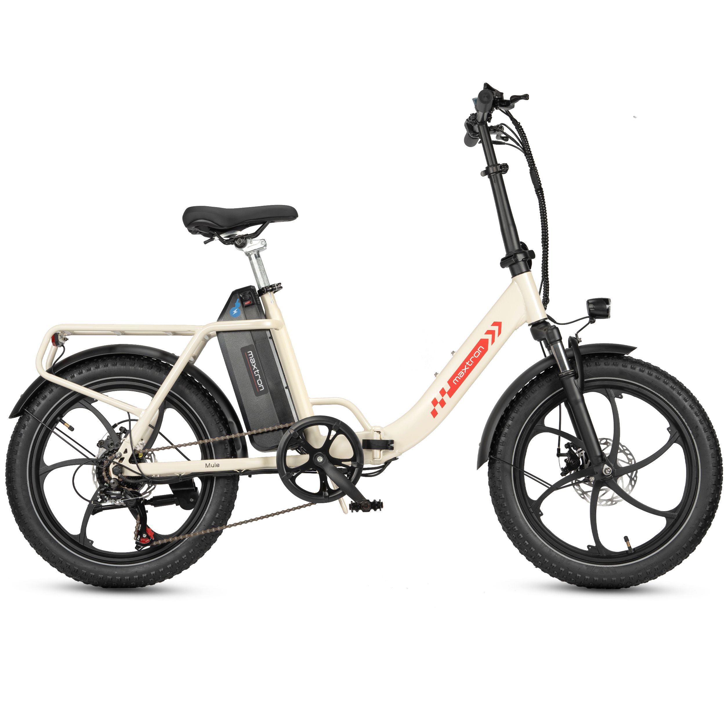 Vélo électrique pliant crème, pneus noirs, logo Maxtron. Porte-bagages, batterie, phare.