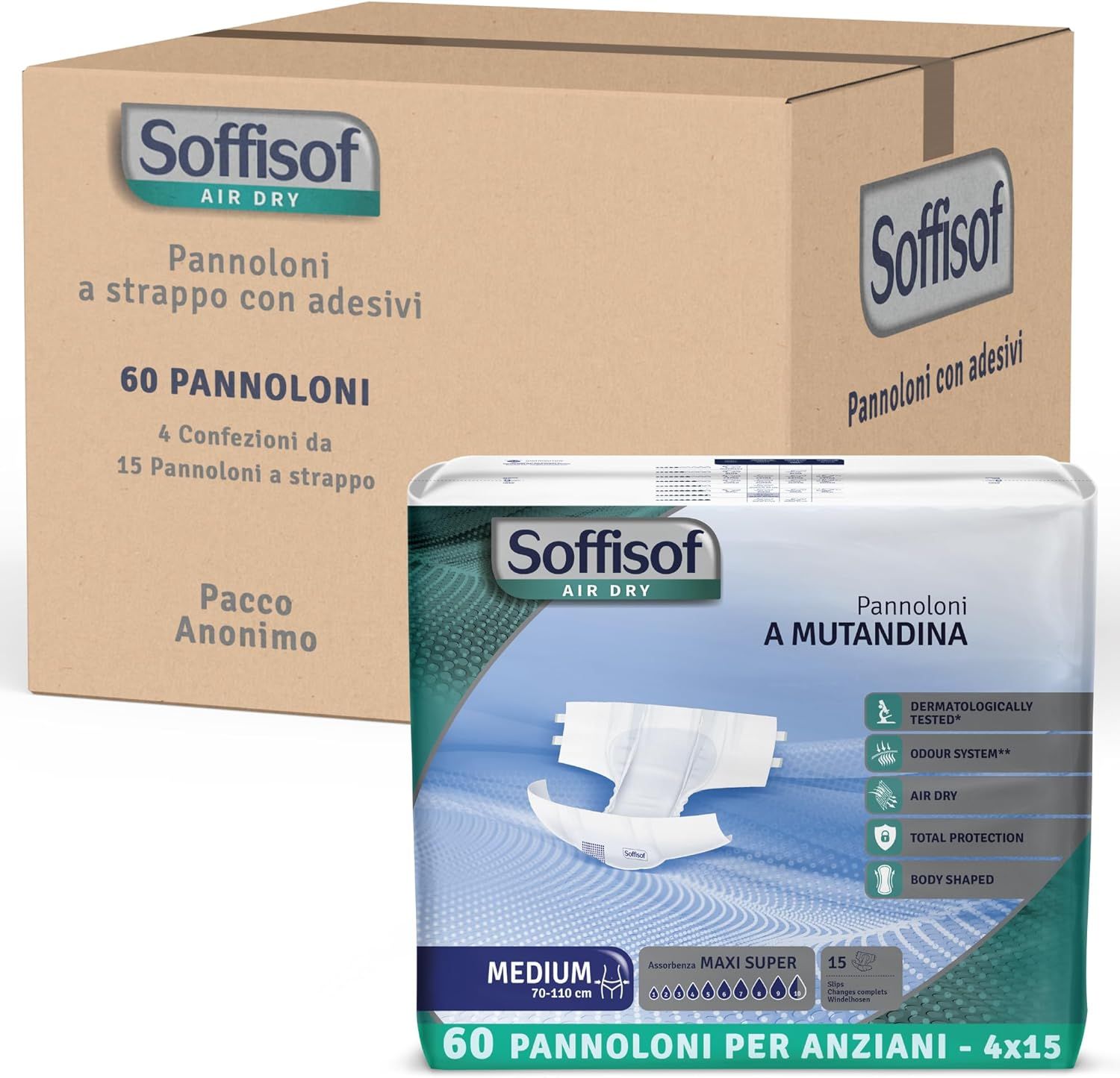 Doos en verpakking Soffisof Air Dry volwassen luiers. 60 stuks. Verpakking van 4 x 15.