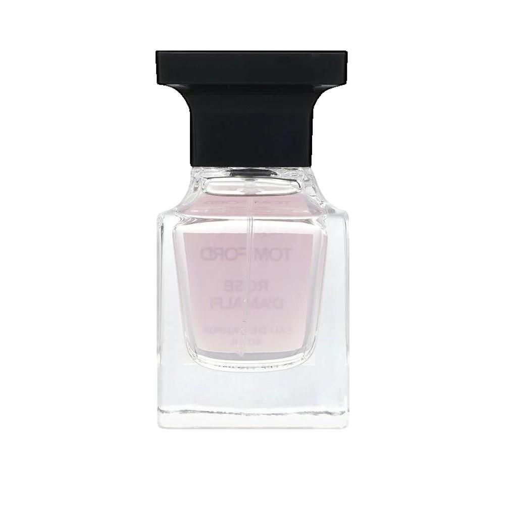 Flacon de parfum avec bouchon noir. Liquide rose visible. Inscription: Rose D'Amalfi.