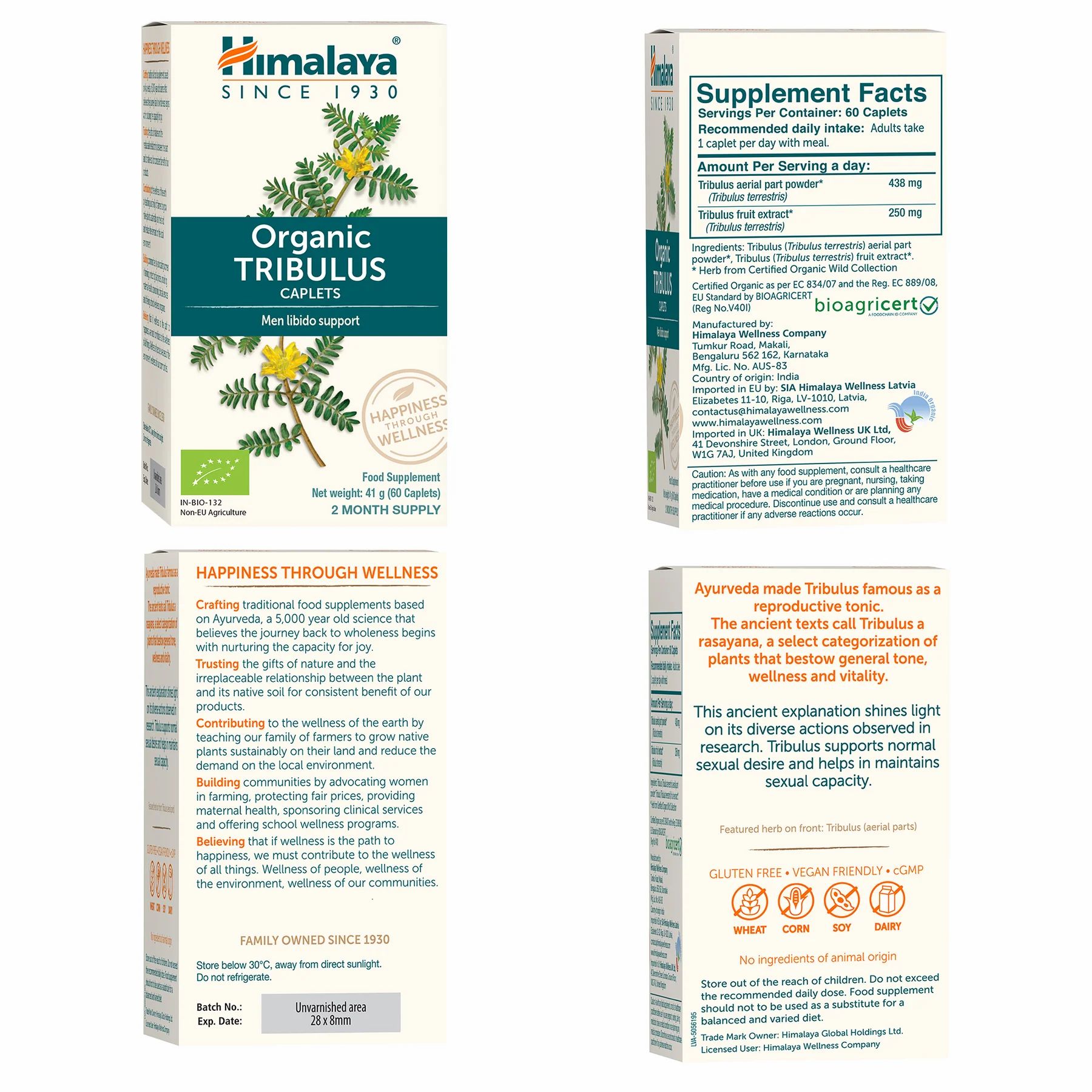 Verpakking van Himalaya Organic Tribulus Caplets. Bevat informatie over ingrediënten, certificeringen en voedingswaarde.
